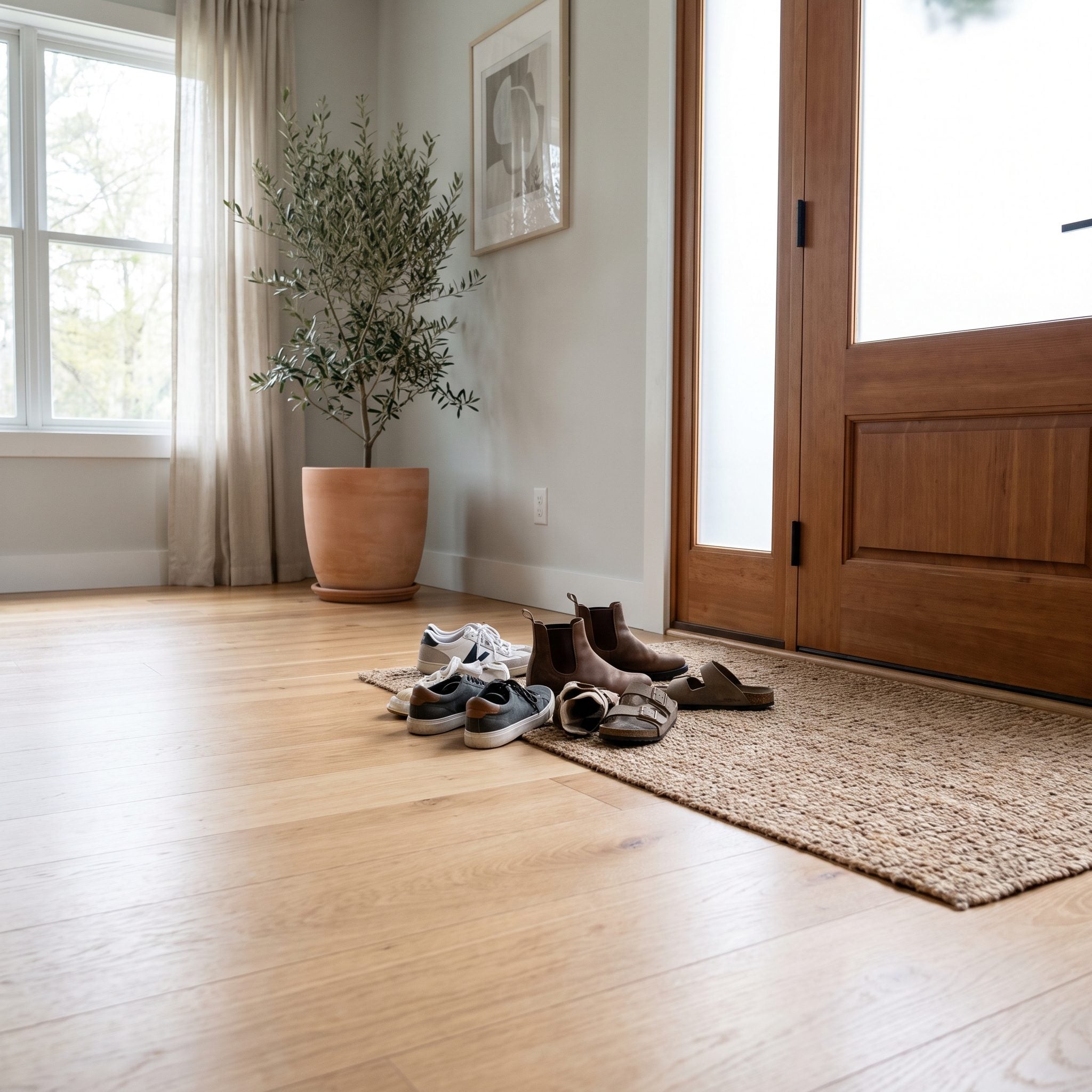 Upscale mudroom with tall coat cabinetry and a bench, and seven pairs of everyday shoes clustered on the floor beside the