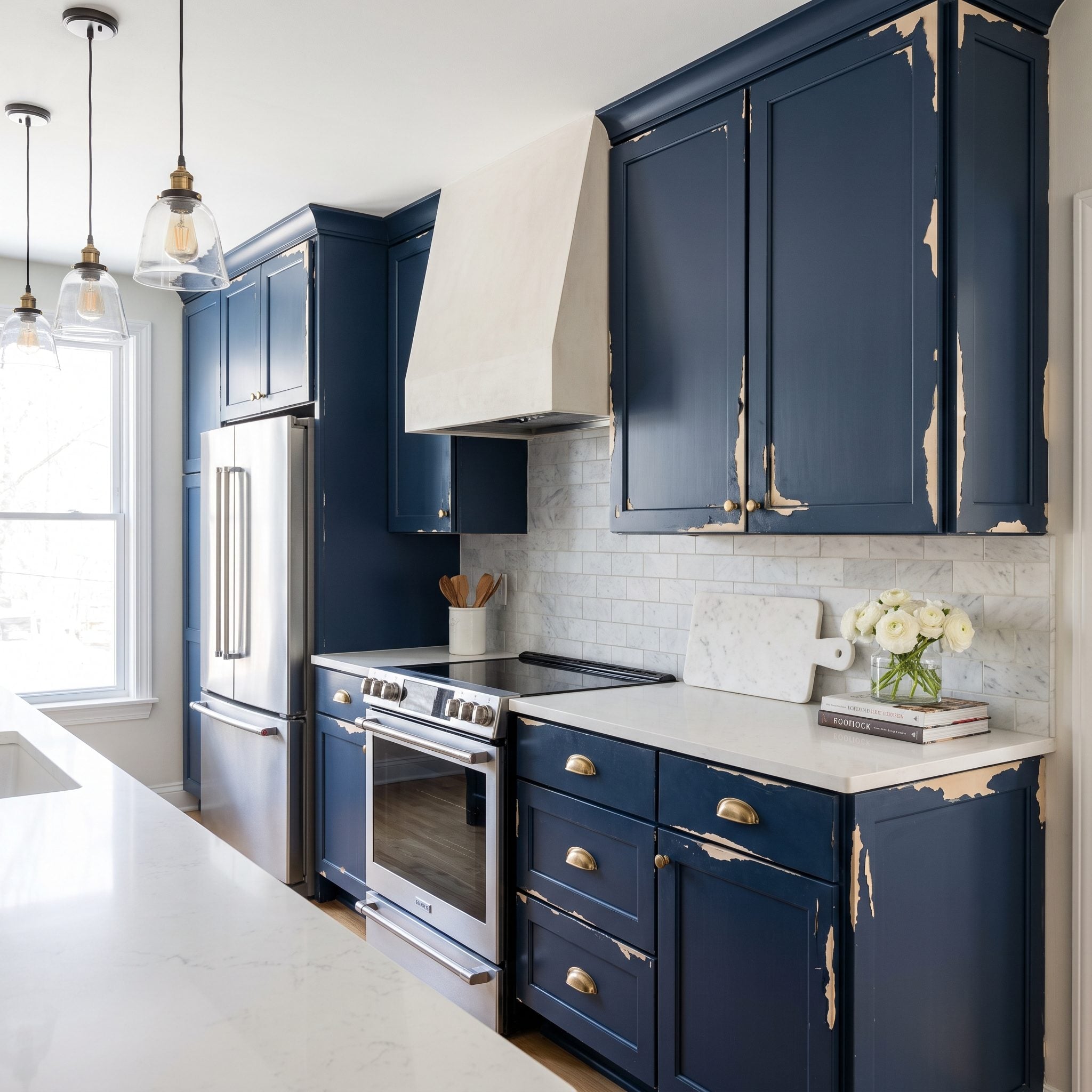 Deep navy cabinets with fresh paint peeling cleanly off the slick factory finish along edges and corners.