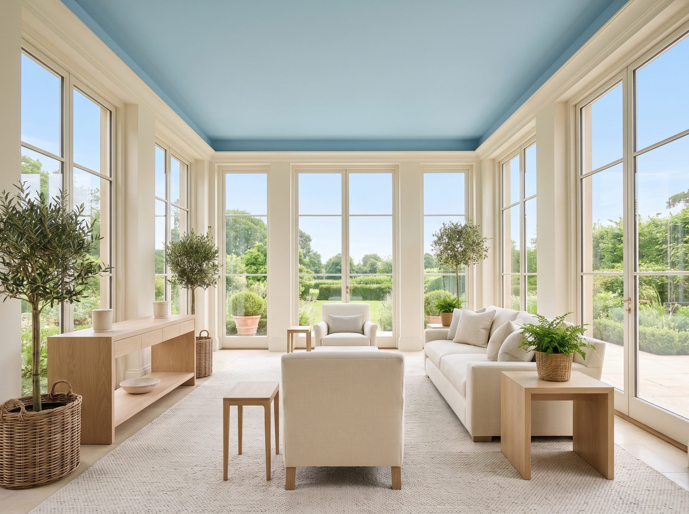 Sunroom with a soft sky-blue painted ceiling above warm white walls, a cream linen sofa, and a jute rug.