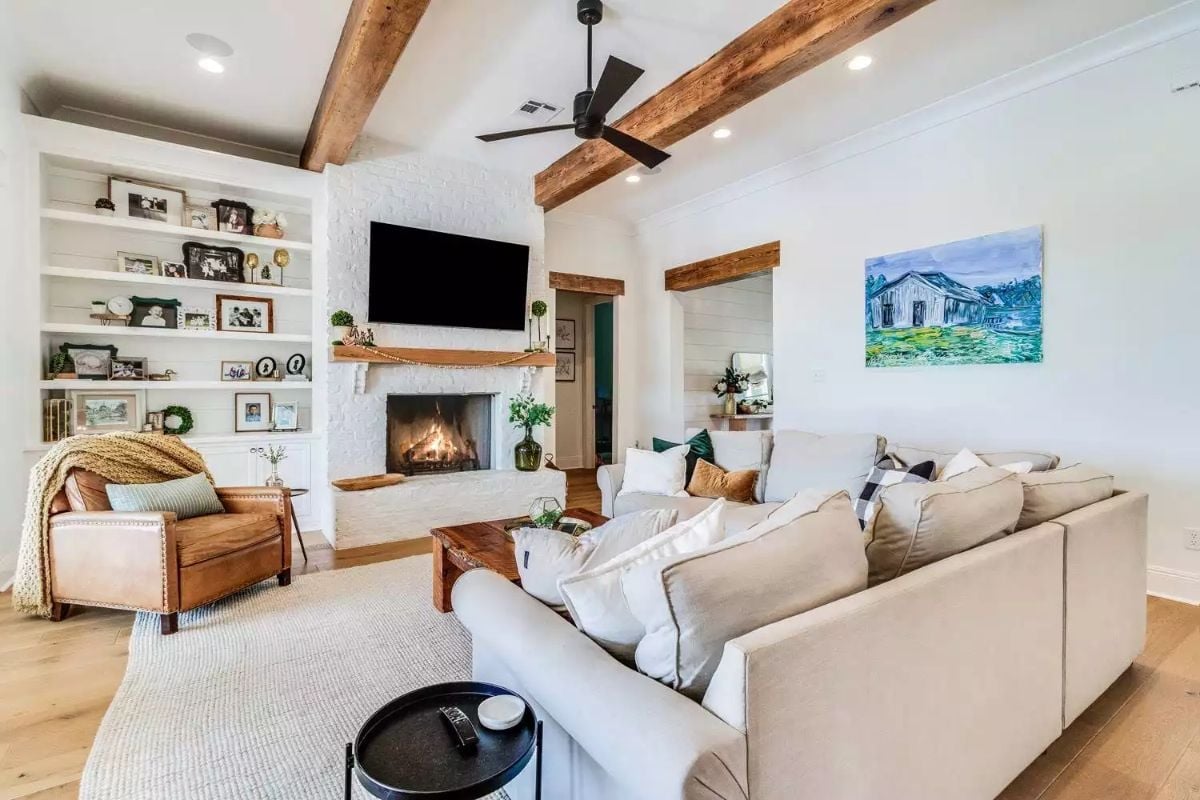 Exposed Beam Ceiling and a Lit Fireplace That Actually Gets Used