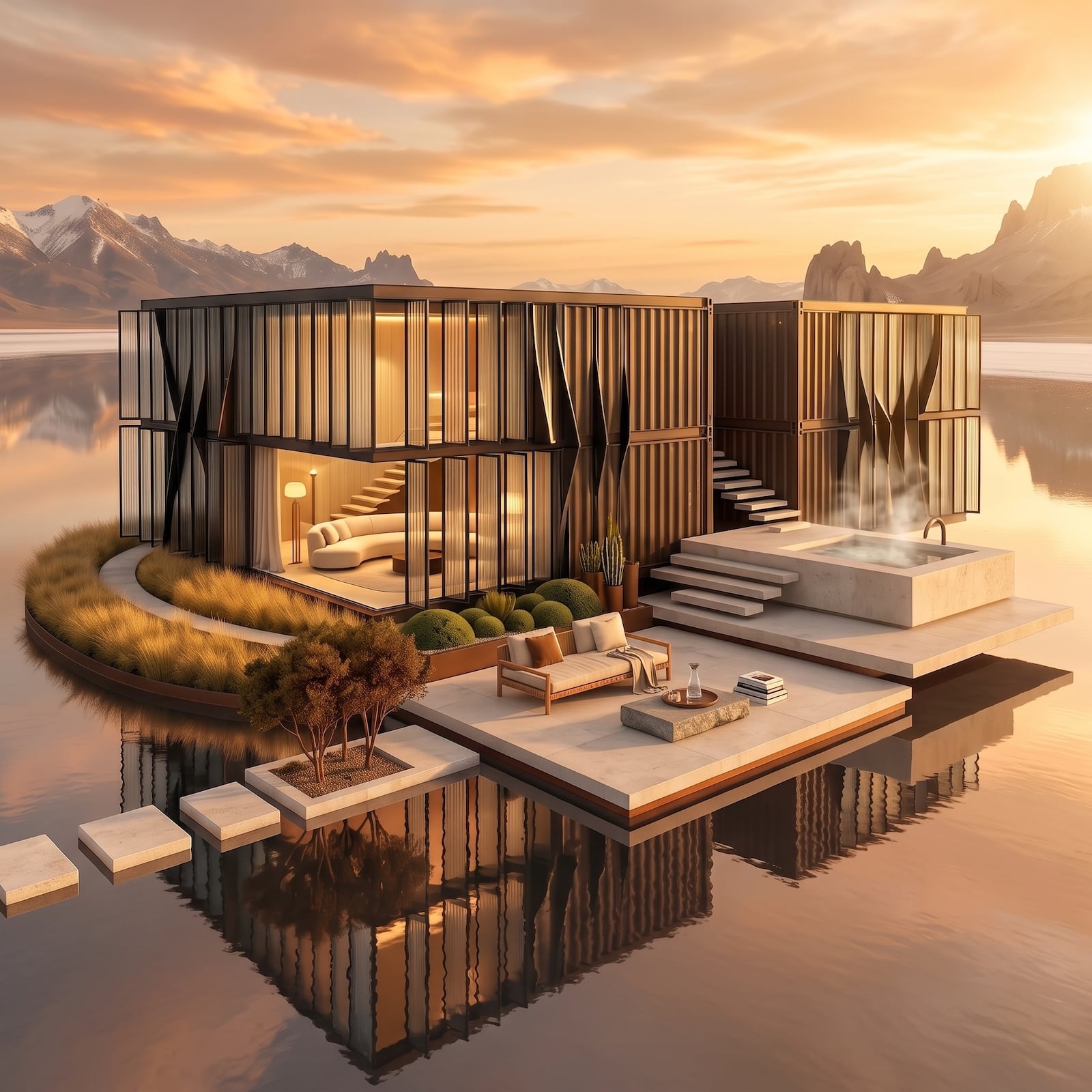 ultra luxe mansion designed out of shipping containers on a flooded salt flat