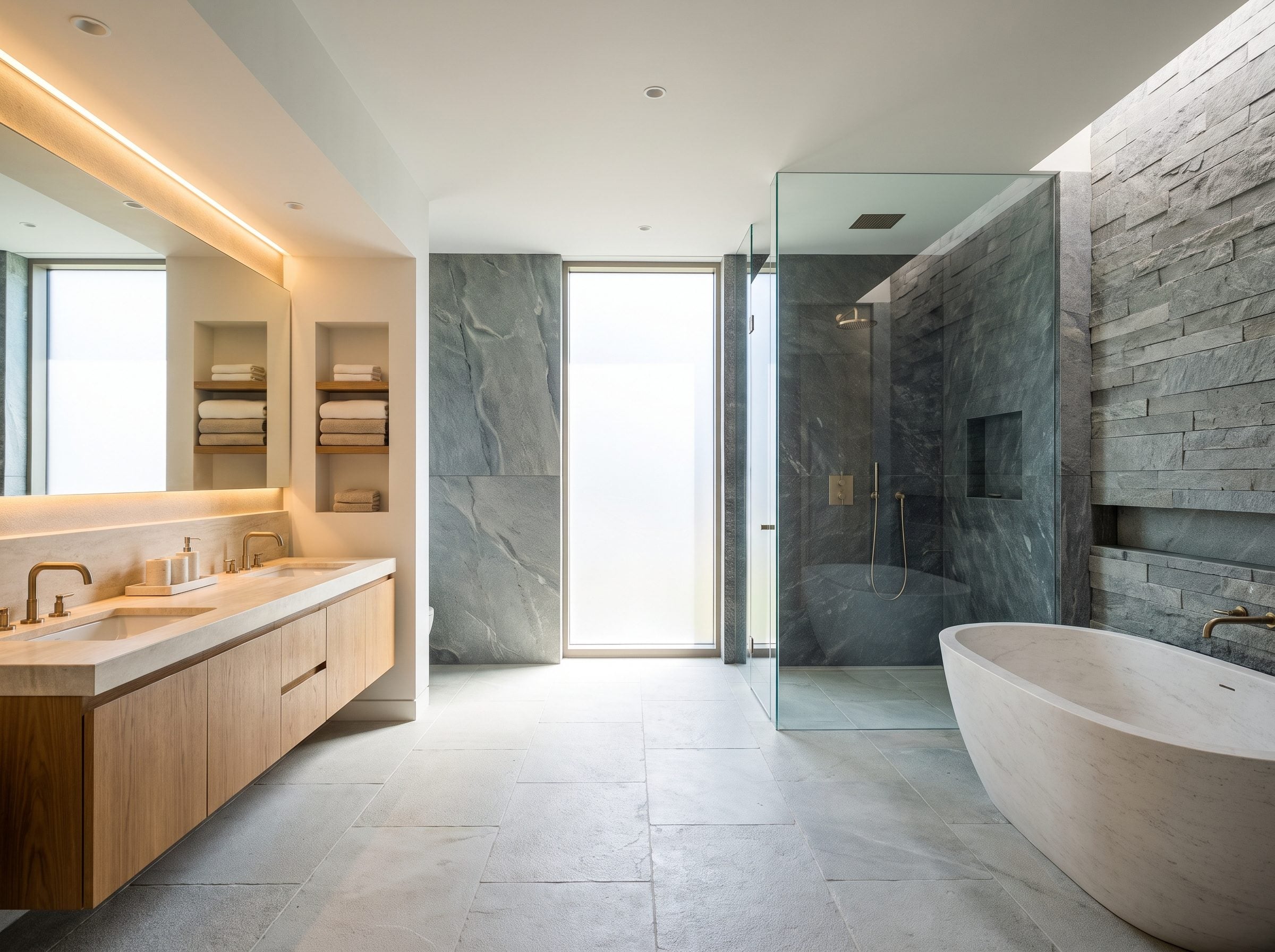 Spa bathroom with a shower wall clad in 24-by-48-inch charcoal slate slabs, a floating oak double vanity, a pale-gray stone