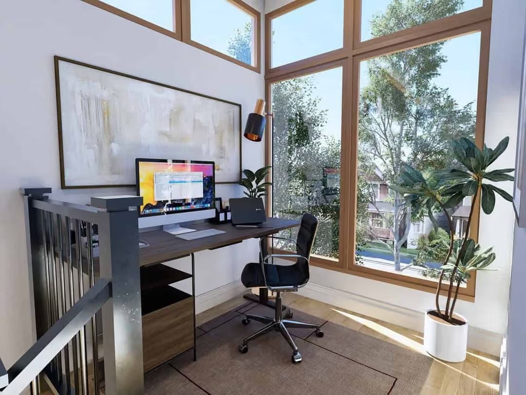 Loft-Level Home Office Where the Trees Are Basically Your Screensaver