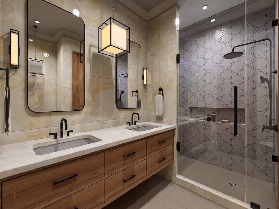 Pendant Cage Light and Arabesque Tile That Make a Shower Worth Lingering In