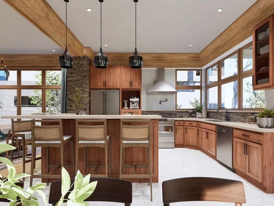 Rattan Barstools and a Curved Counter That Makes the Island Feel Custom-Built
