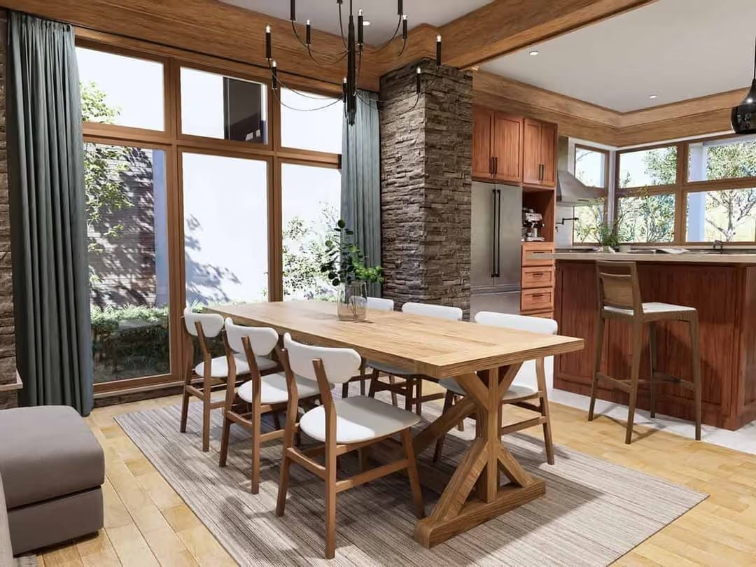 Stacked Stone Column and a Farmhouse Table That Own the Room Together