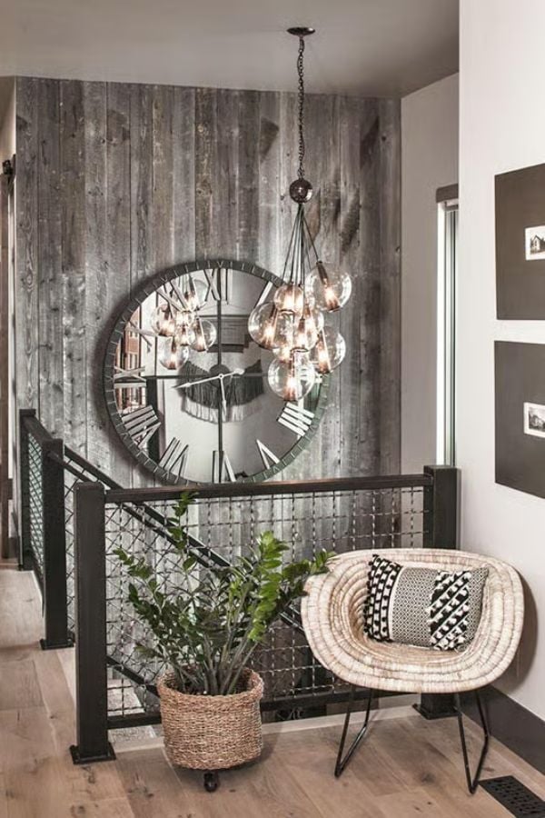 Reclaimed Wood, Globe Pendants, and a Clock That Owns the Wall