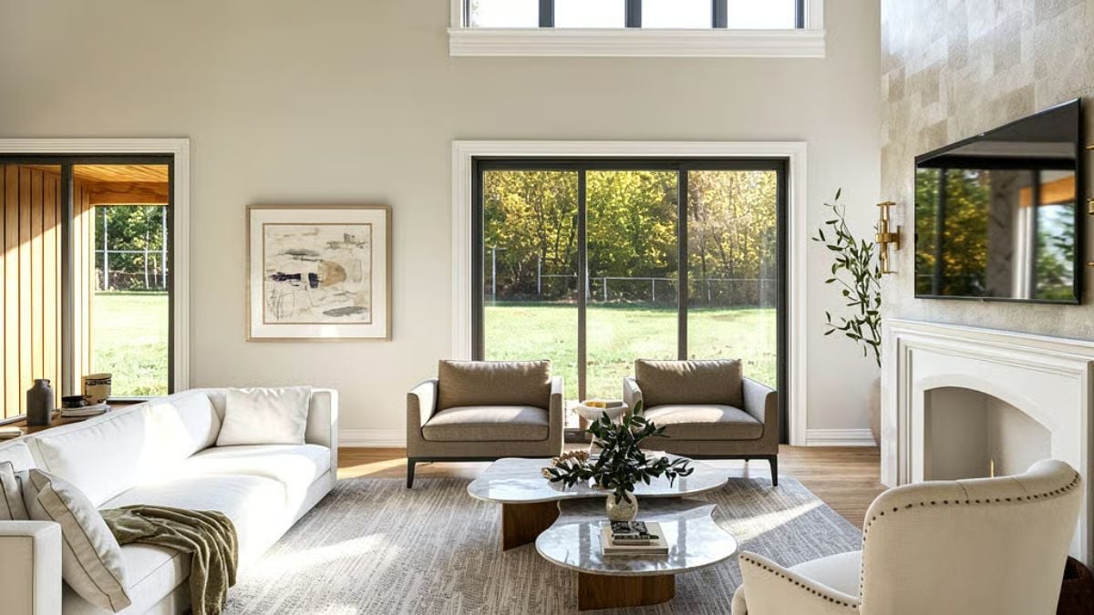 Floor-to-Ceiling Glass and a Marble Coffee Table That Pull the Whole Room Together