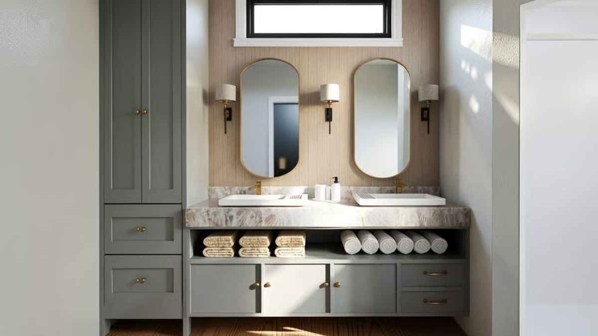 Gold-Framed Mirrors and a Marble Countertop That Do Most of the Work