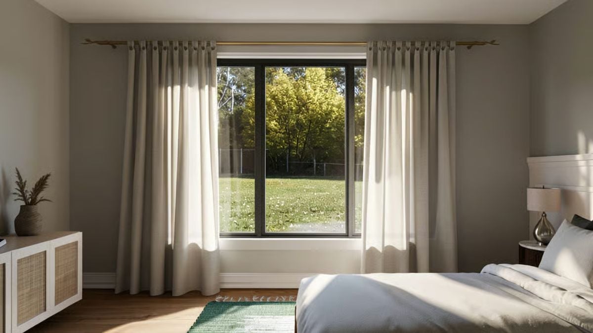 Sheer Curtains on a Brass Rod That Let the Backyard Do the Decorating