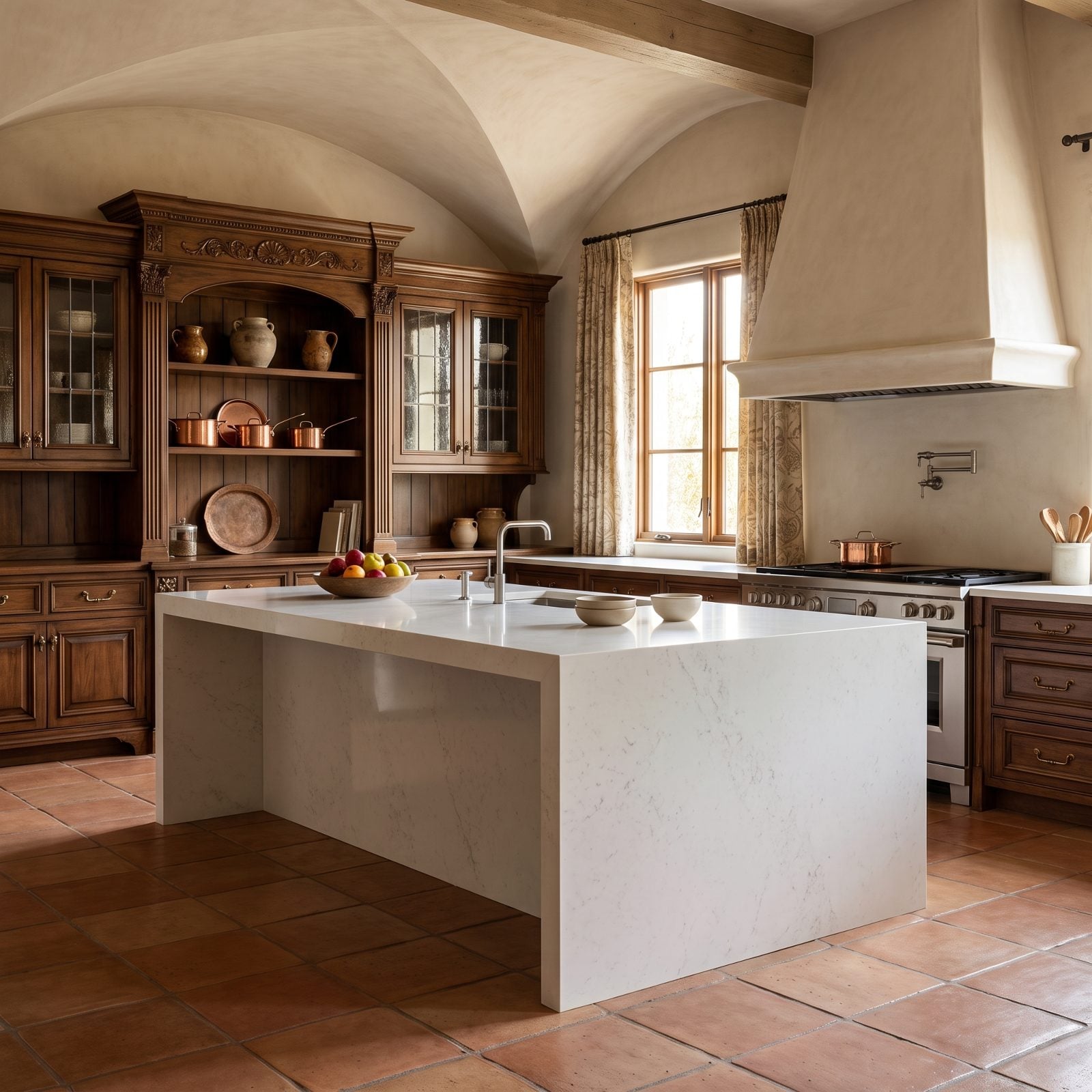 Minimalist waterfall island with a sharp mitered edge set inside an ornate traditional kitchen.