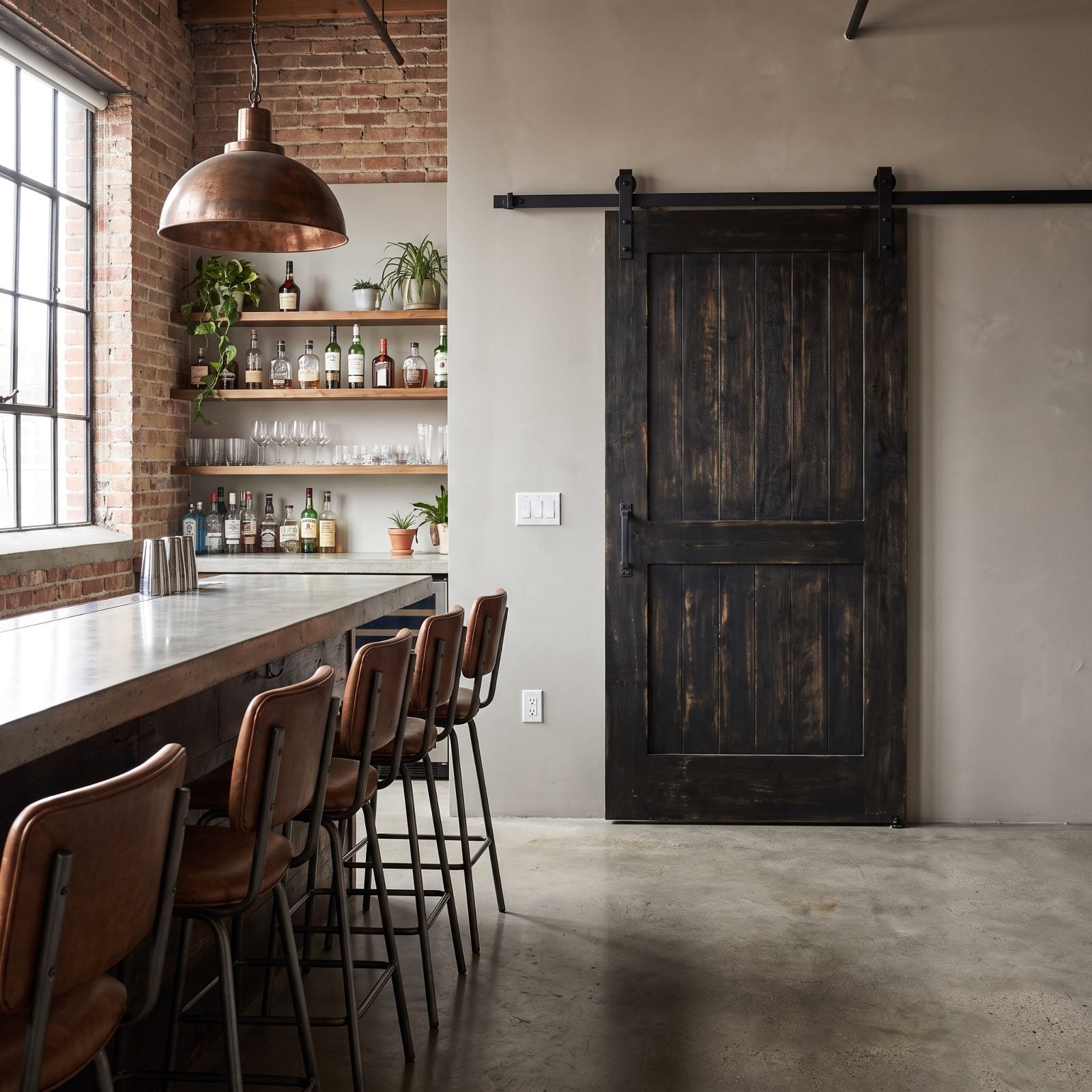 Cream kitchen with a sliding barn door that covers a light switch when slid open against the wall.