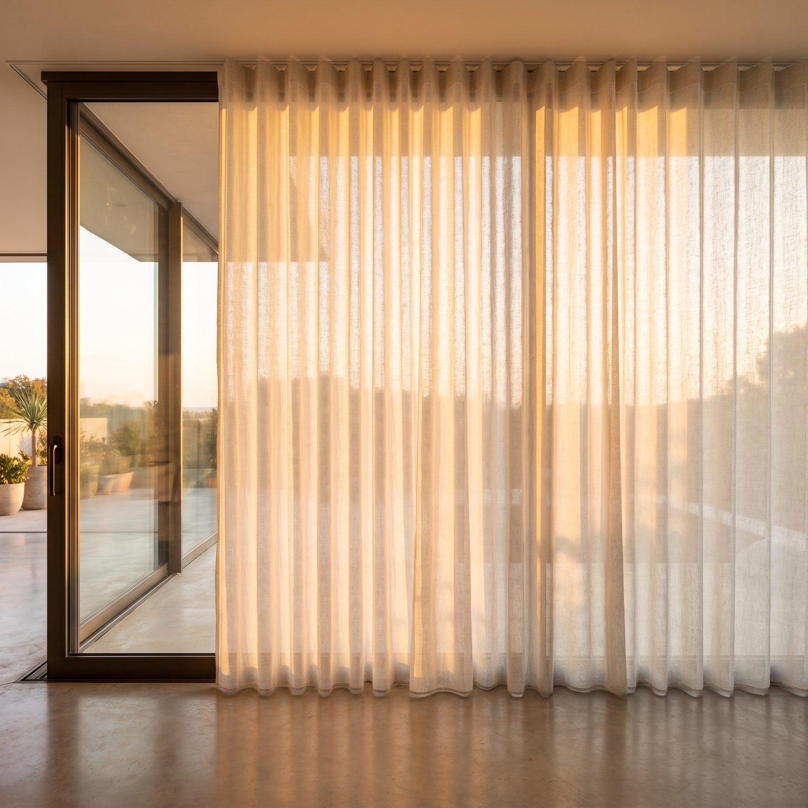 Sliding Glass Door Softened by Ripple-Fold Ceiling Drapes