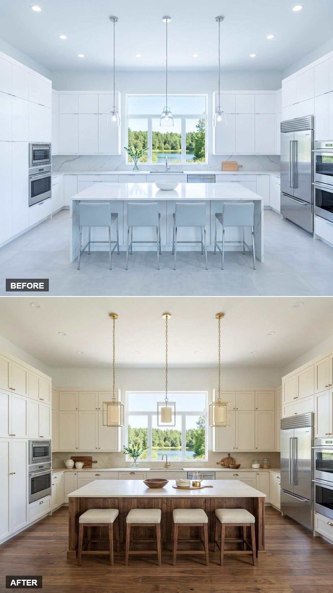 Slim-Frame Shaker Cream Cabinets With a Furniture-Quality Walnut Island