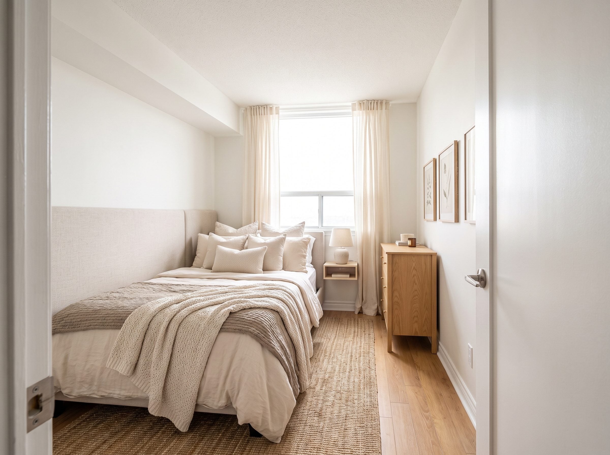 Small bedroom with a full-size bed lengthwise against the left wall and a 32-inch walkway of bare floor running to a dresser