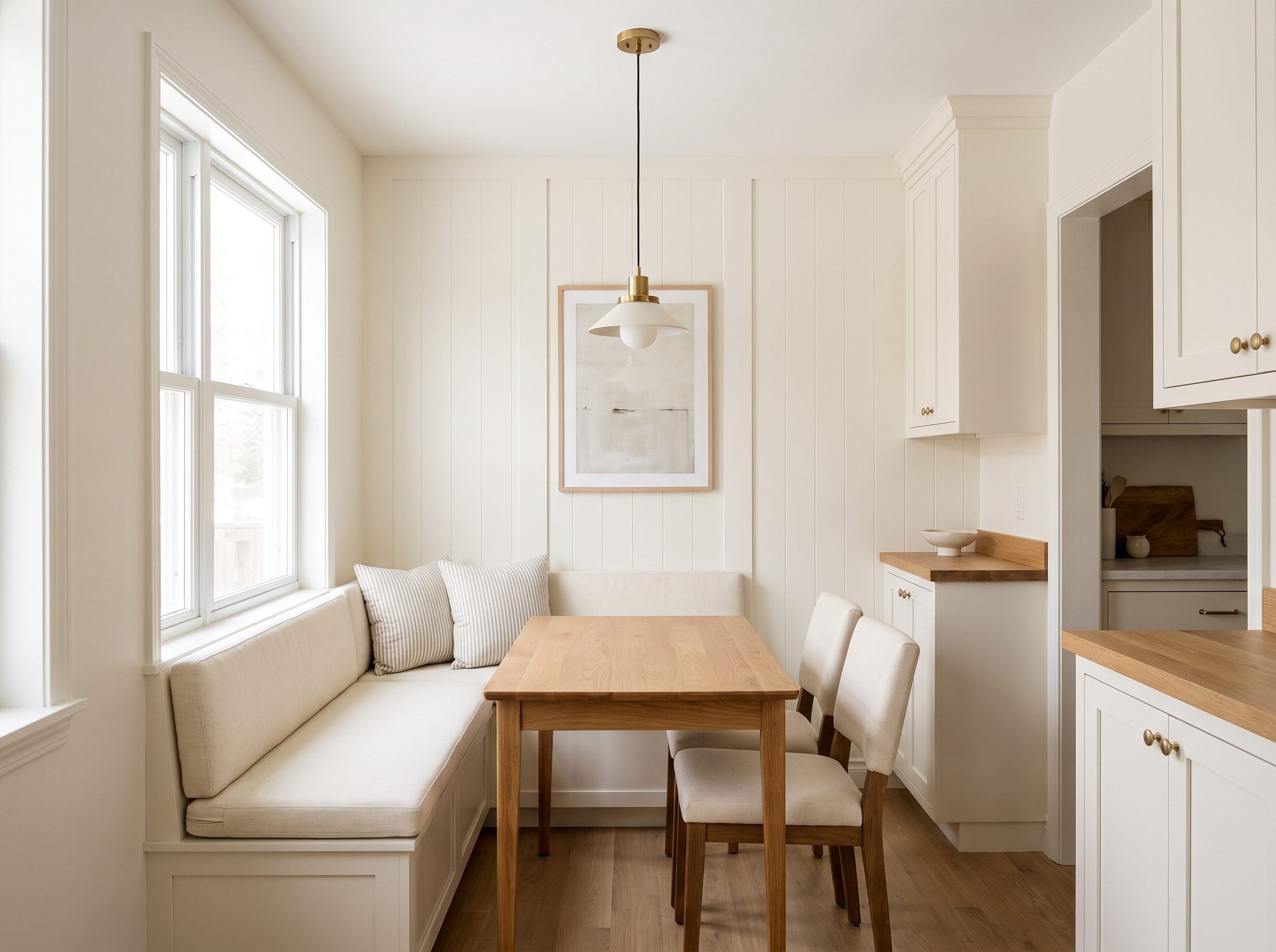 Breakfast nook with a cream bench pushed flat against the wall on one side of an oak table and two pull-out chairs on the