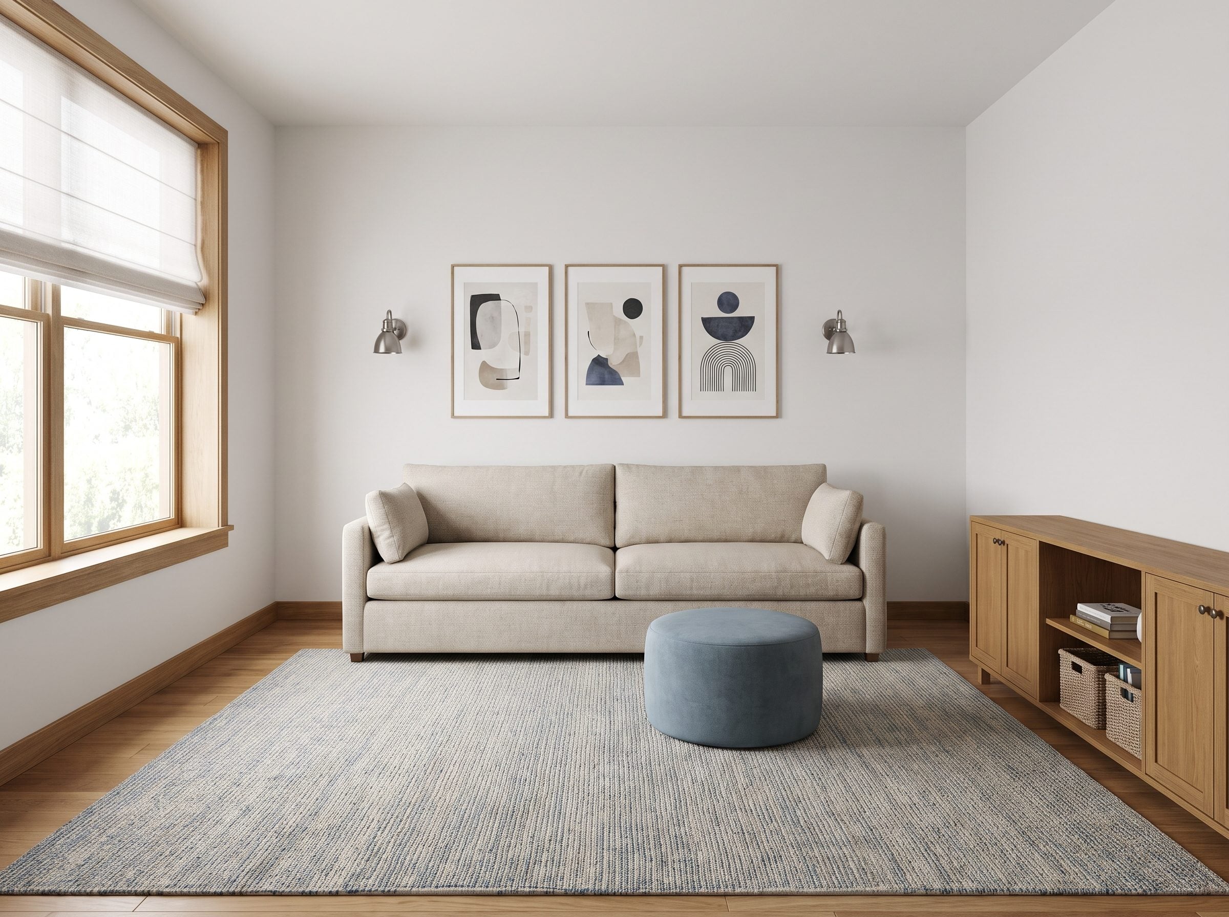Small family room with an oatmeal sofa against the long wall and a center rug left open with one ottoman off to the side.