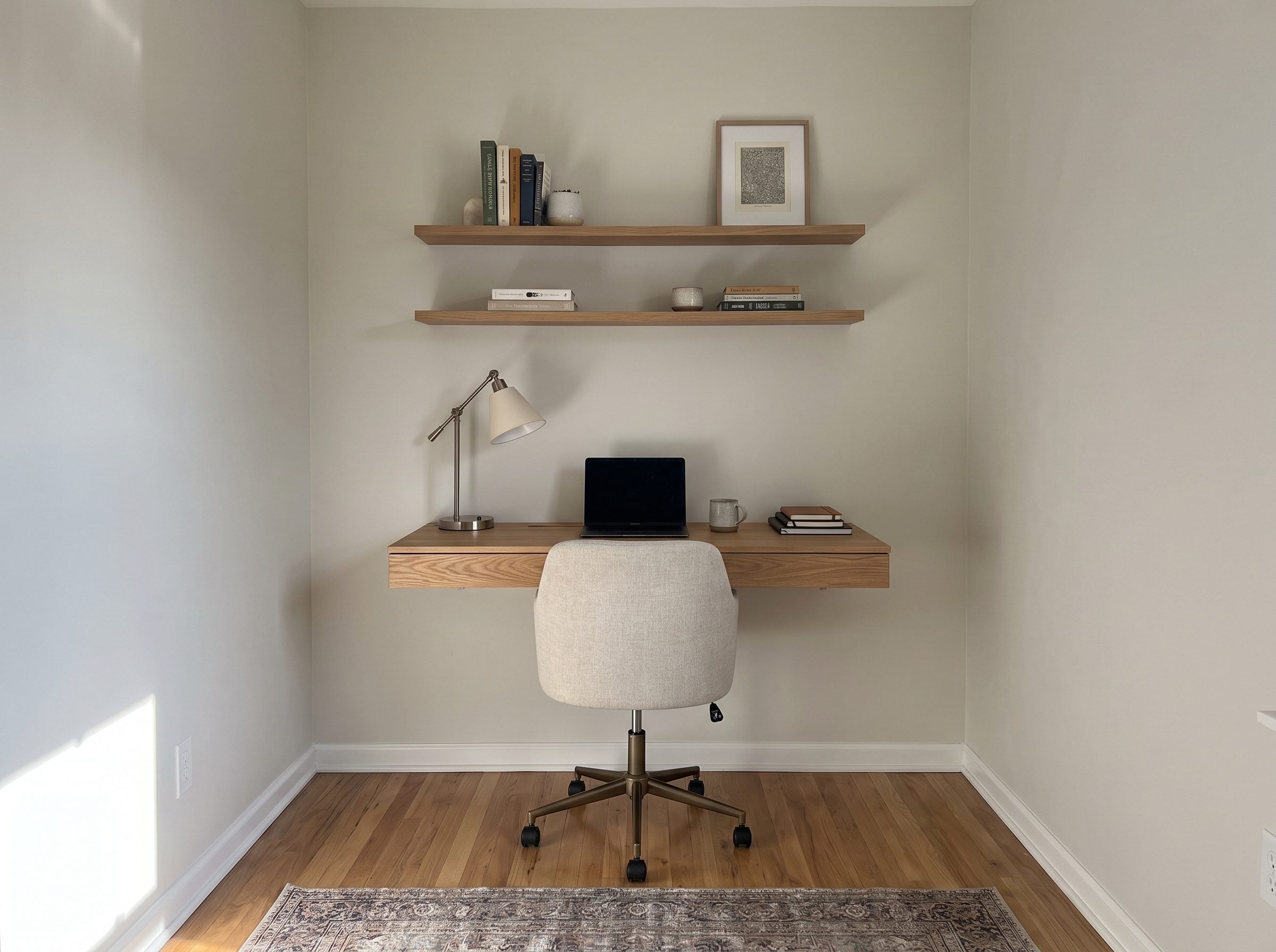 Small home office with a shallow oak desk against the far wall and about 34 inches of clear floor between the chair and the