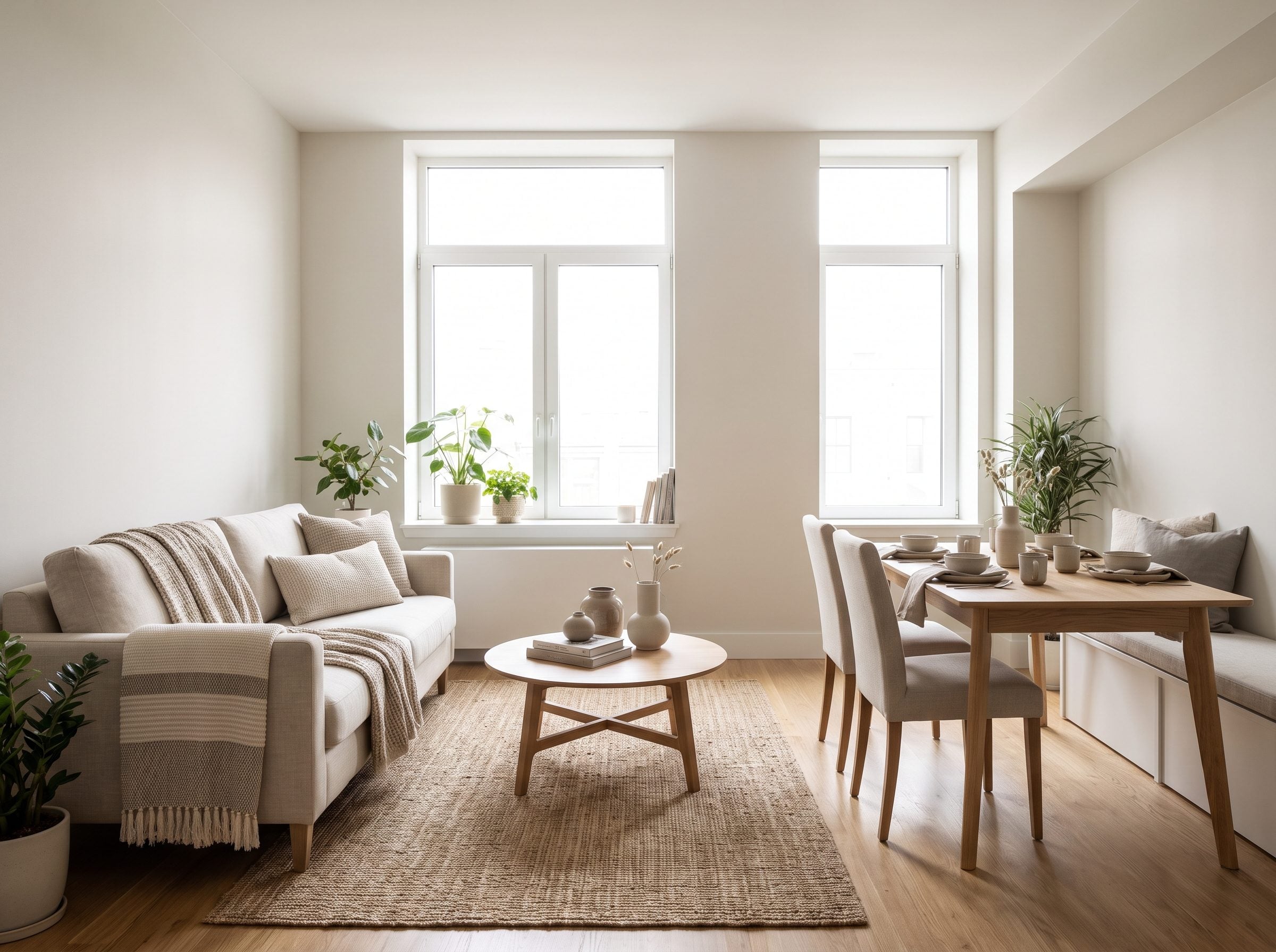 Small combined living-dining room with the sofa pushed flush against the wall and a 30-inch walkway running to a round
