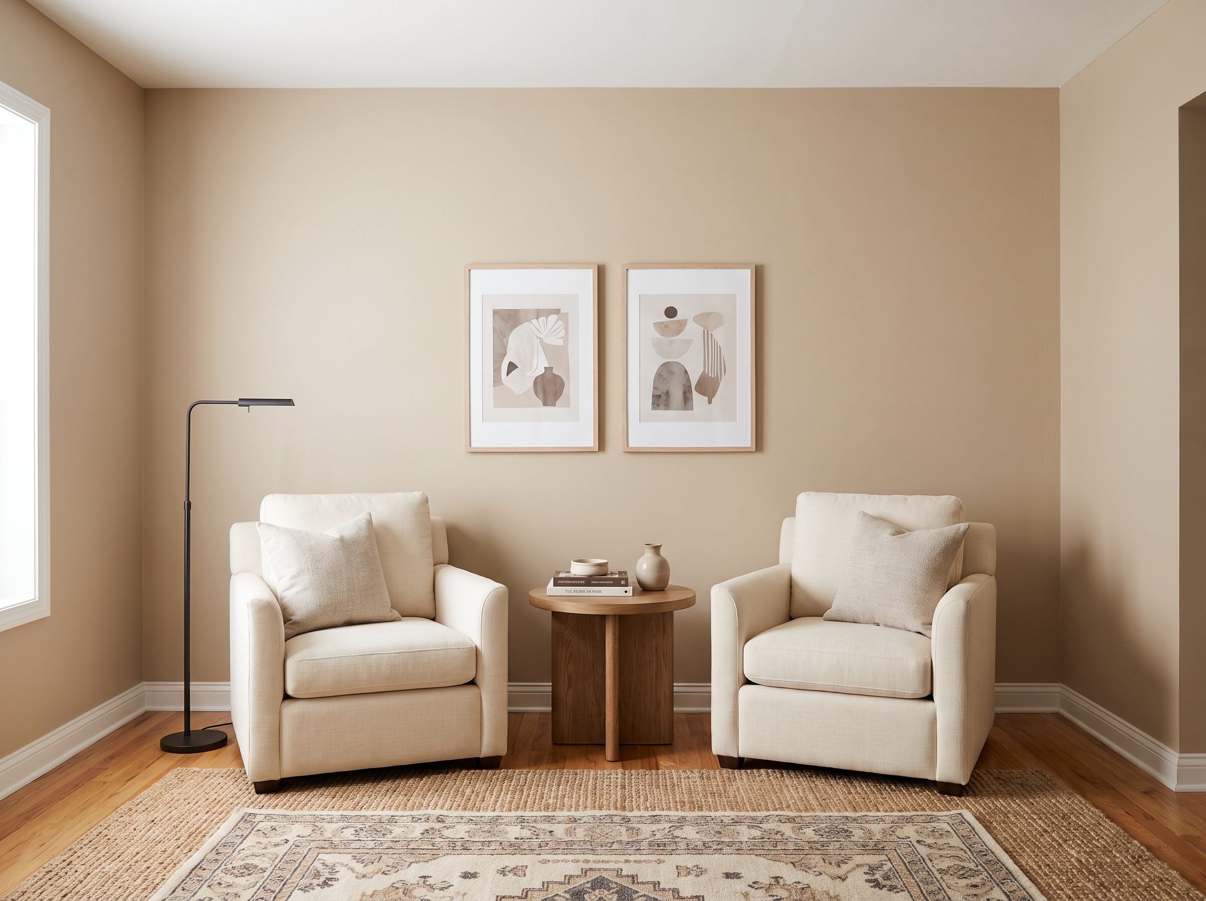 Small living room with two lounge chairs against the windowless wall under two reading lights and a 30-inch walkway to the