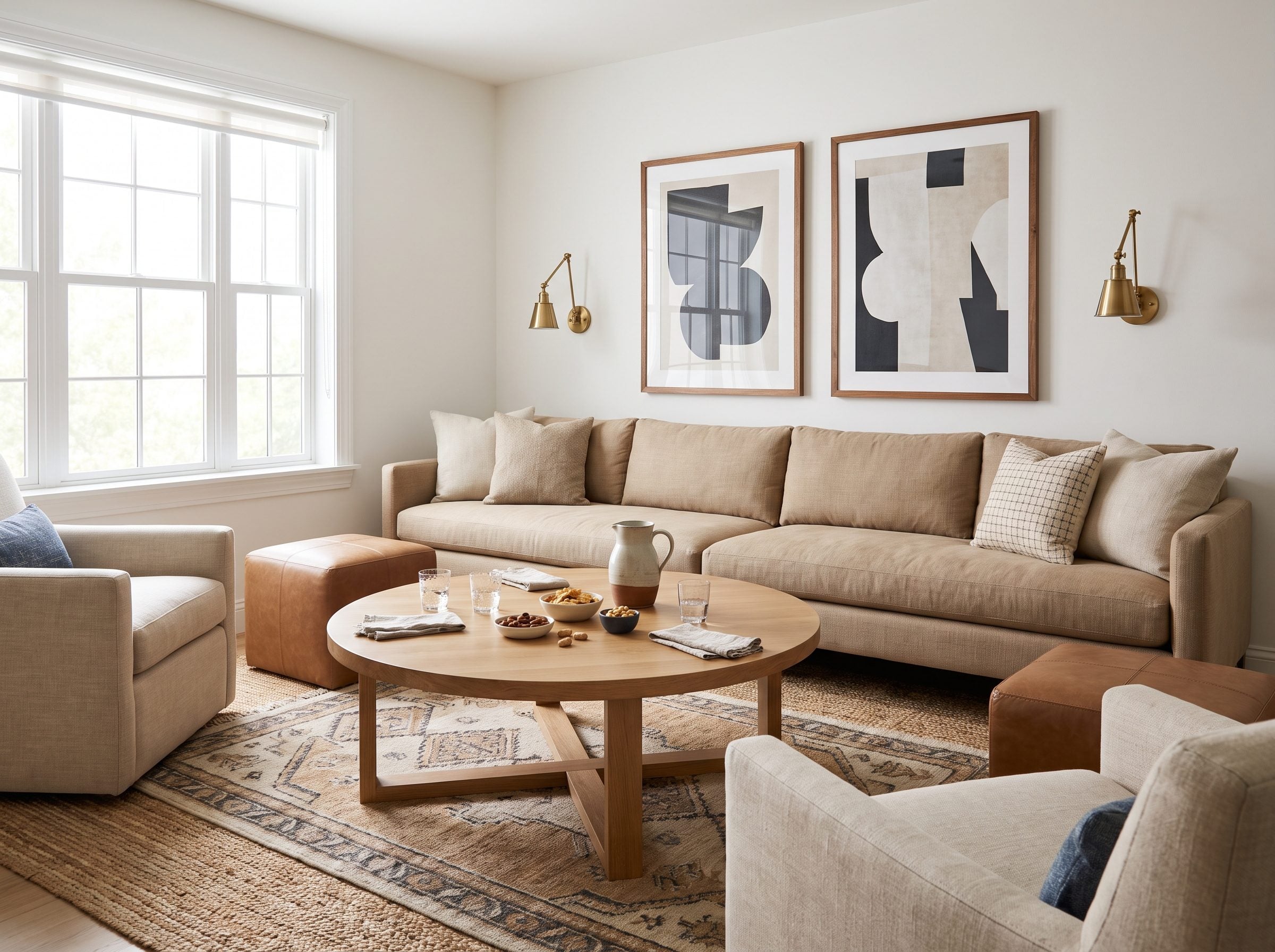 Small living room with the cream sofa against the back wall and two olive accent chairs pulled into the open center facing