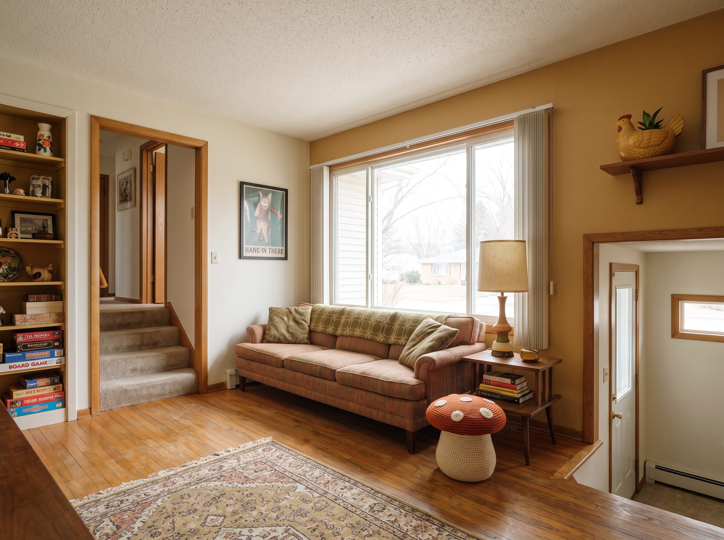 Small living room with an 84-inch sofa against the window wall and about a foot of glass showing above the sofa back.