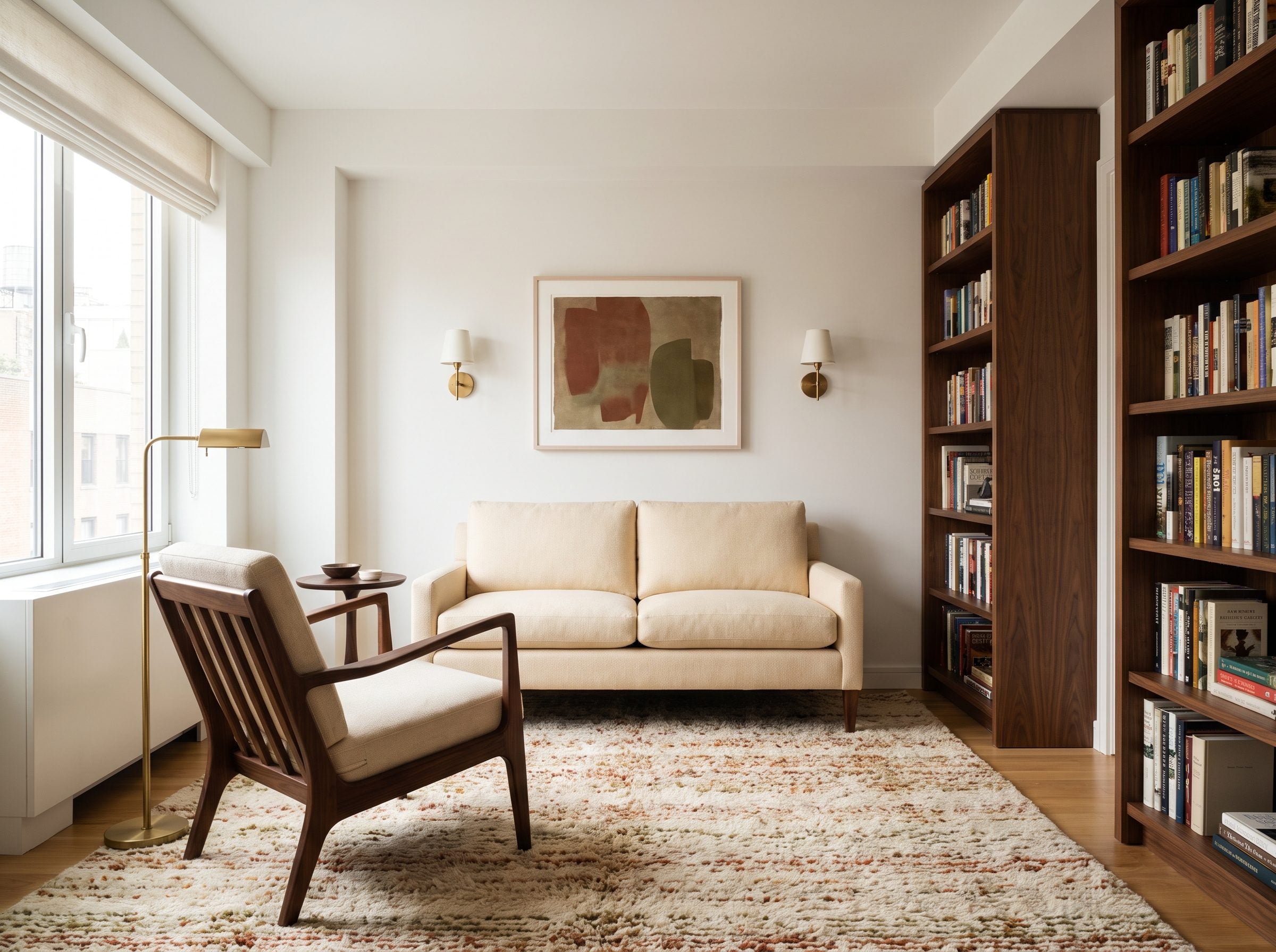 Nine-by-ten reading room with a cream loveseat against the long wall under centered framed art and two sconces, an armchair