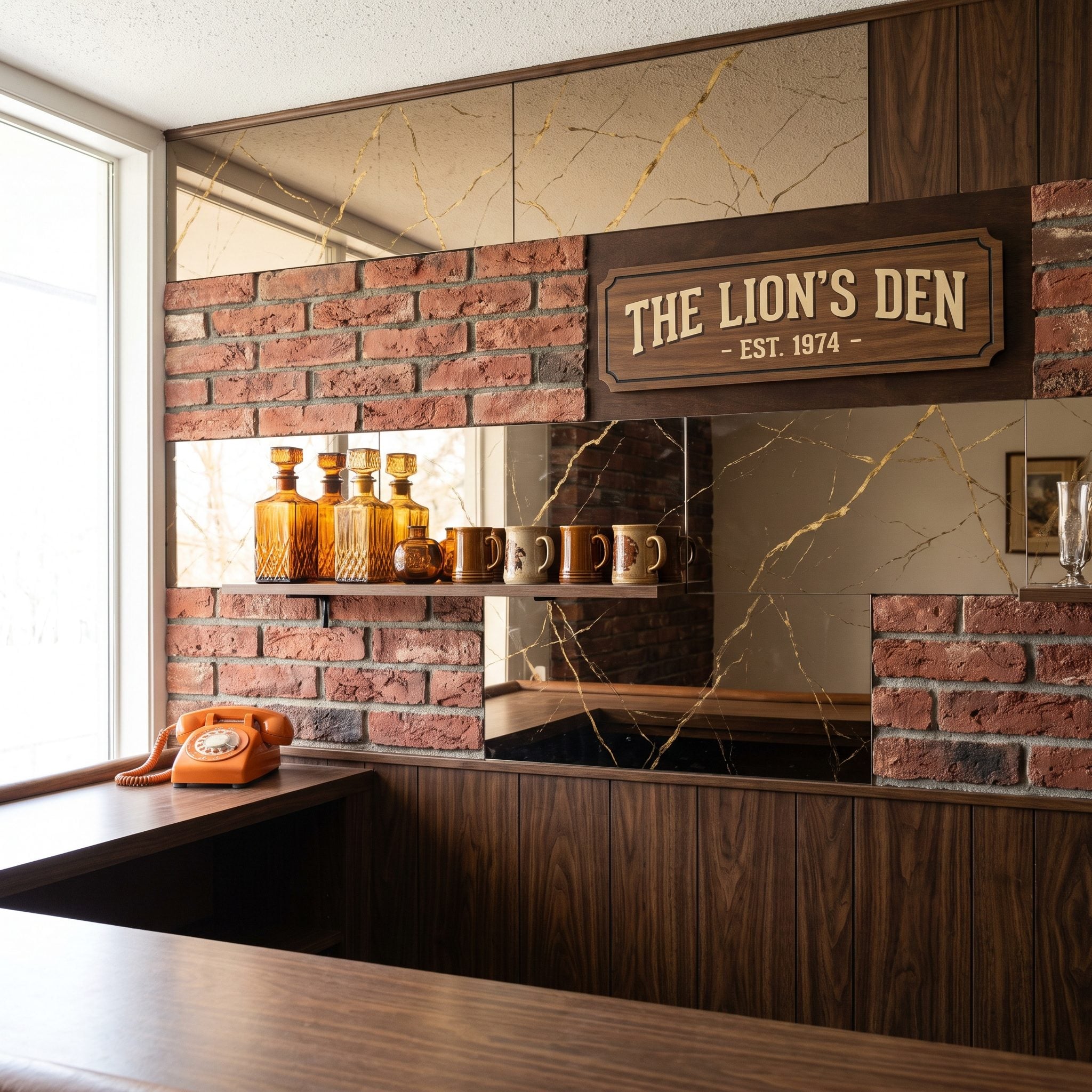 The Smoked Mirror, Faux Brick, or Wood Paneling Behind the Bar