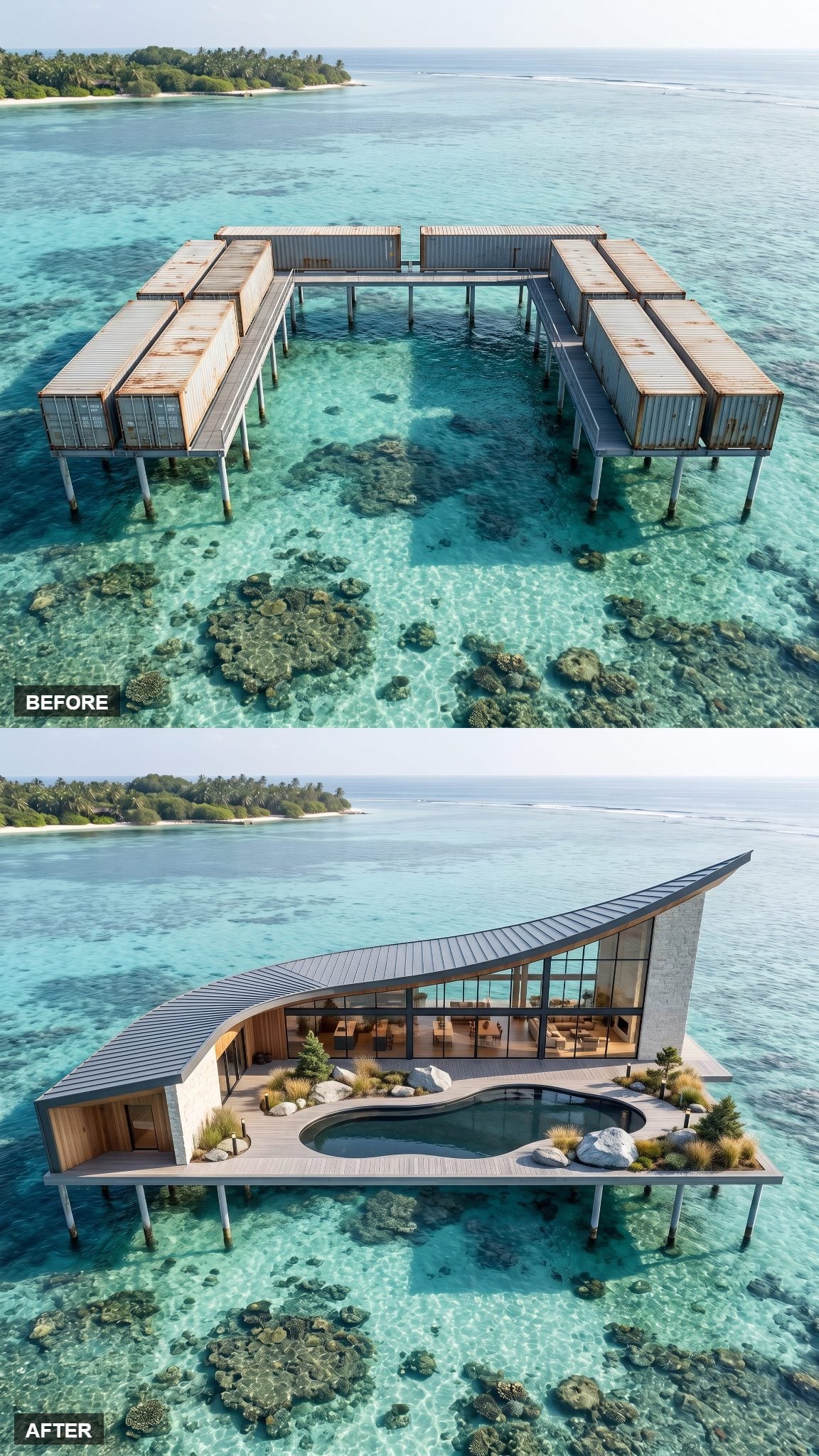 Crescent-roof container compound transformed into a sweeping glass and stone resort over a coral lagoon