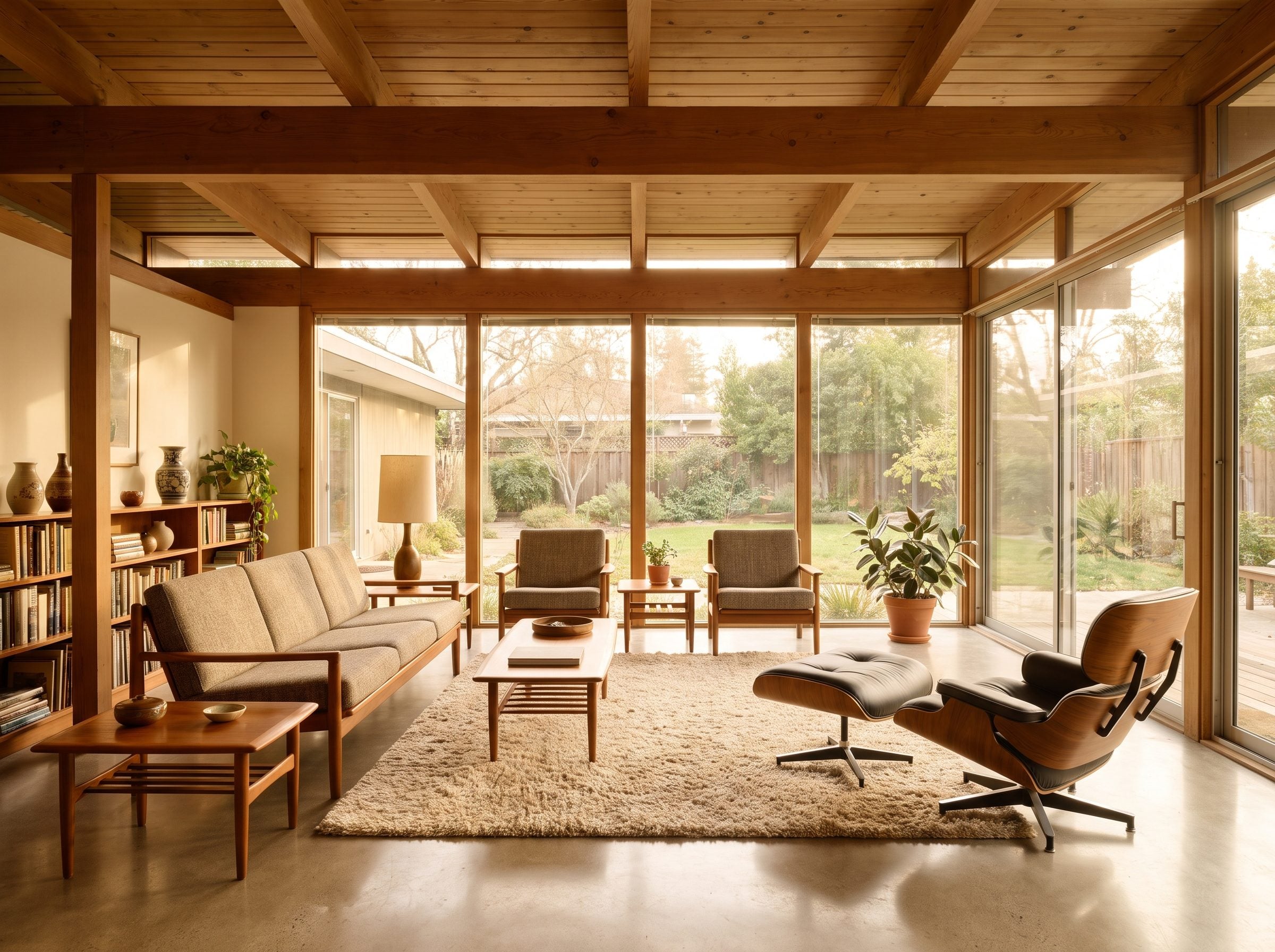 Mid-century living room with a low 84-inch sofa set ten inches in front of a wall of windows, its back sitting just below