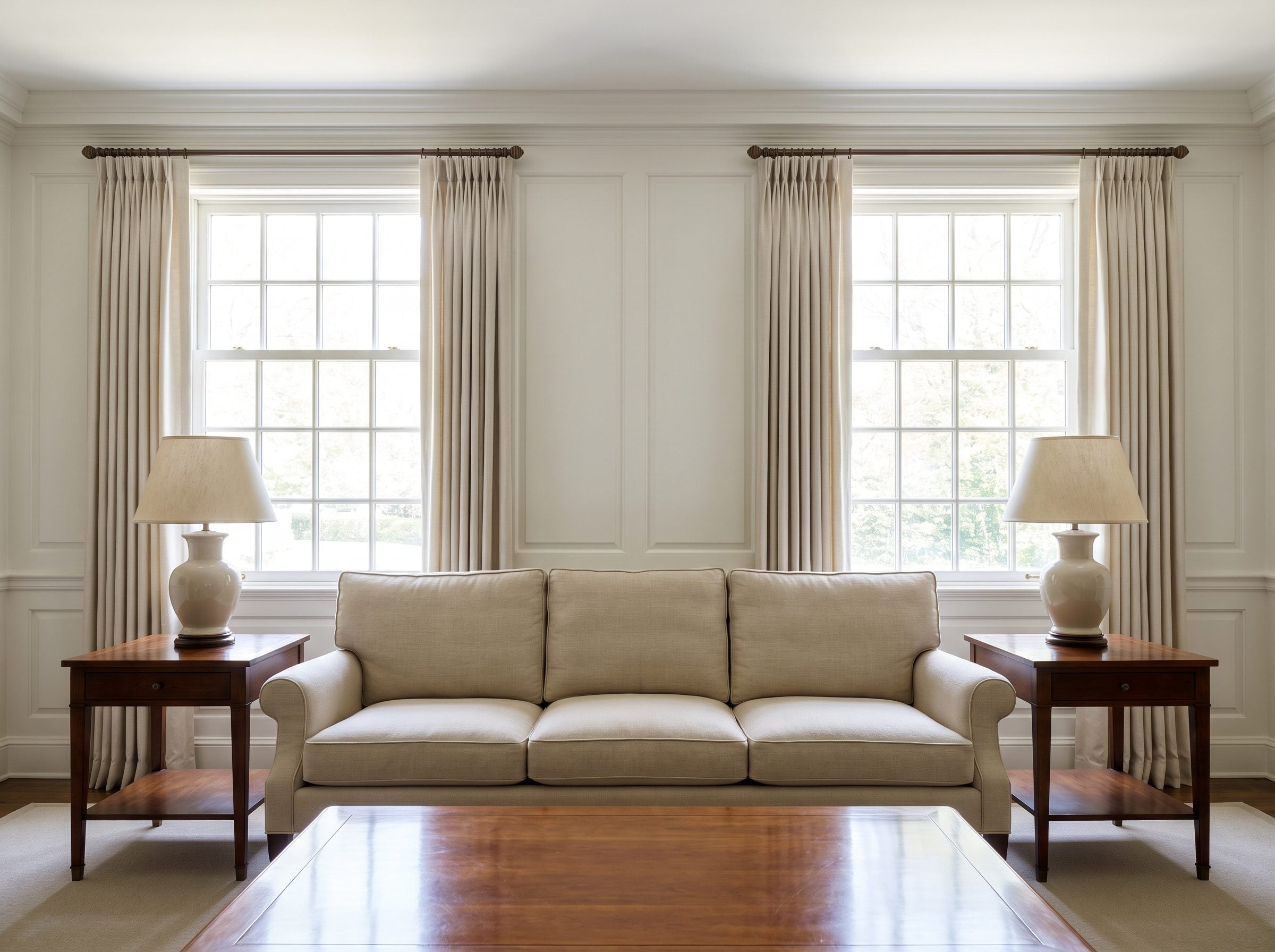 Living room with an 84-inch sofa centered on the wall between two matching windows, a low table lamp at each arm below the