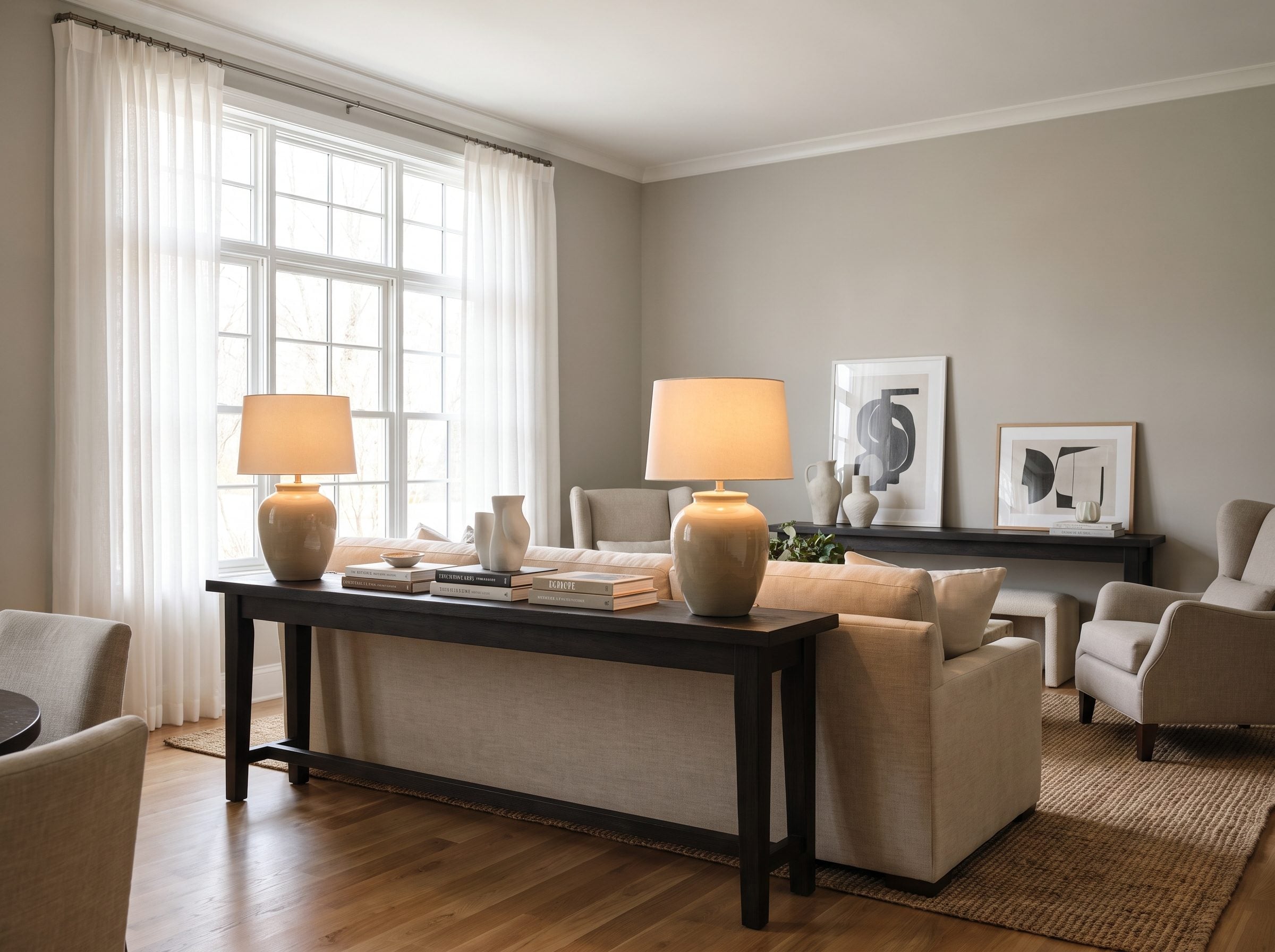 Living room with an 84-inch sofa backed to a window and a 66-inch walnut console table holding two lamps in the 12-inch gap