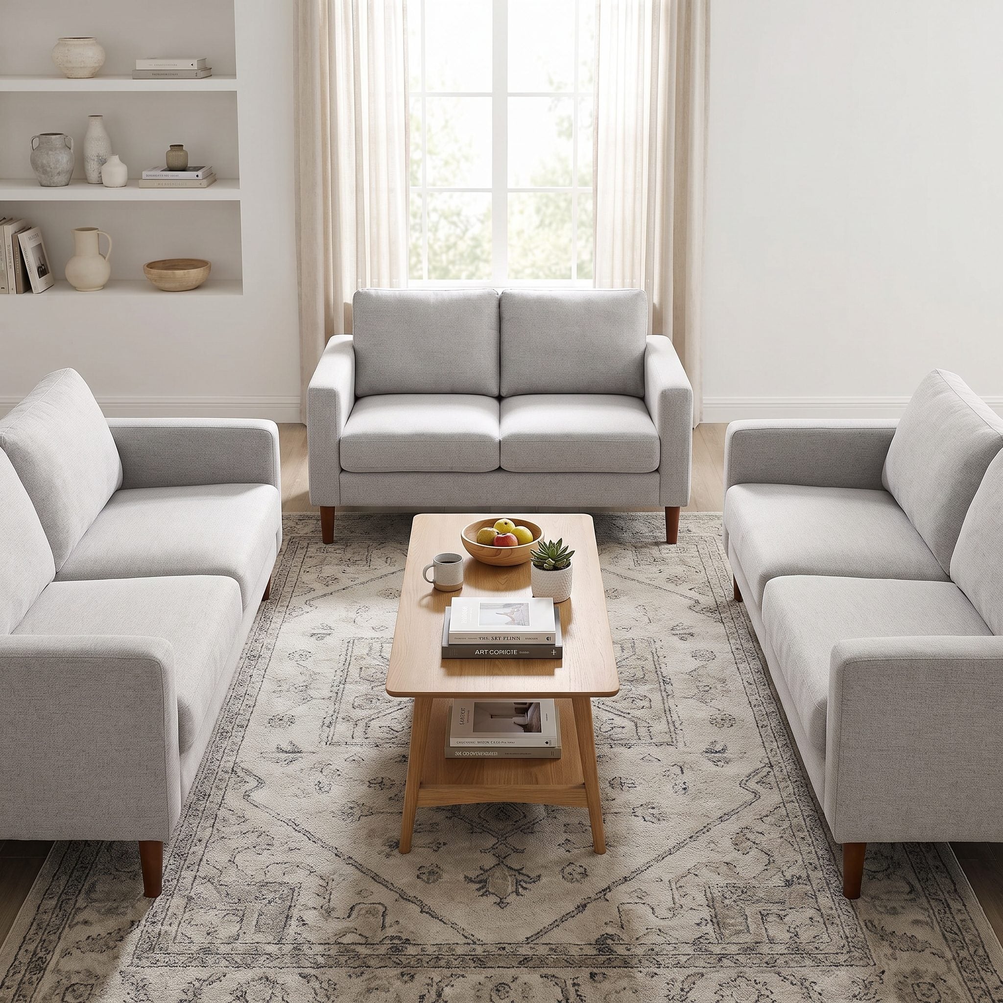 Living room with a sofa floated in front of the window facing two armchairs about eight feet away across a centered coffee