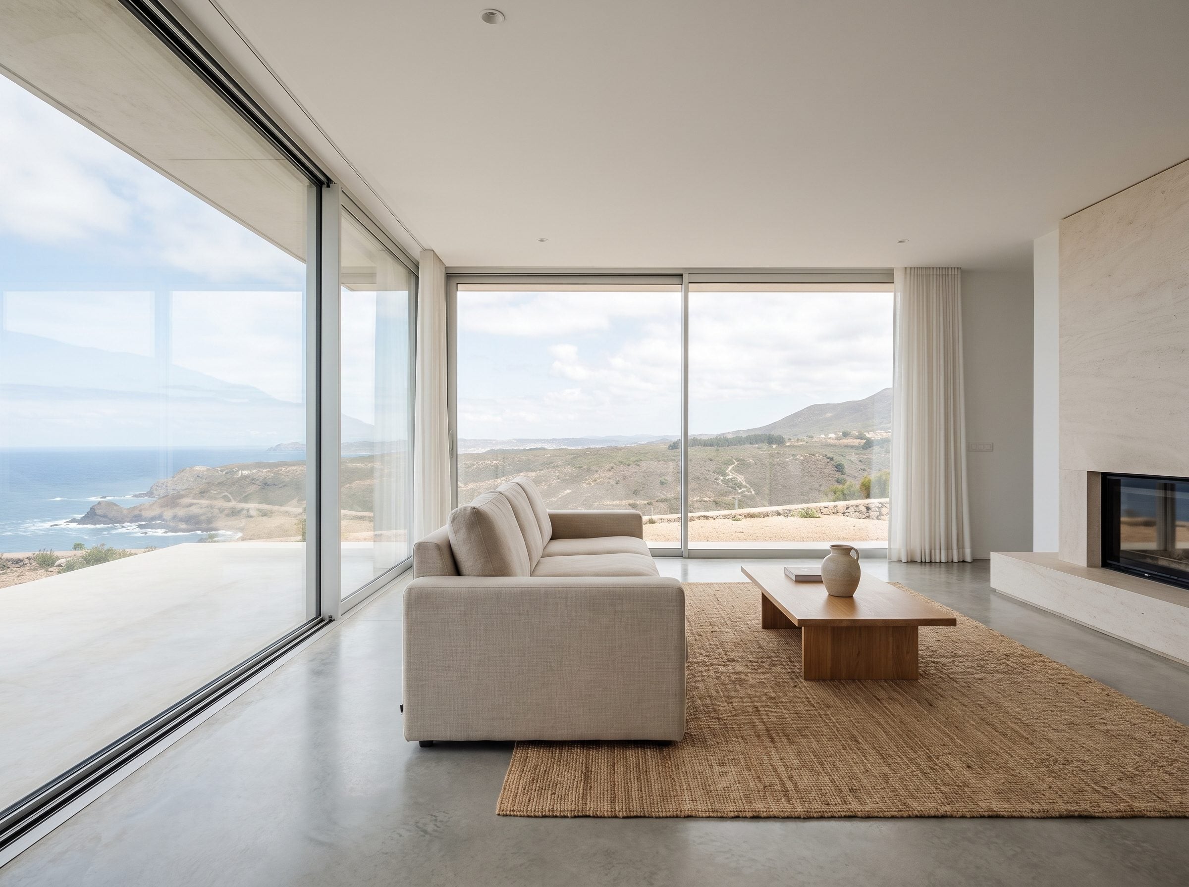 Living room with an 84-inch sofa facing the backyard-facing window and its back to a smaller second window.