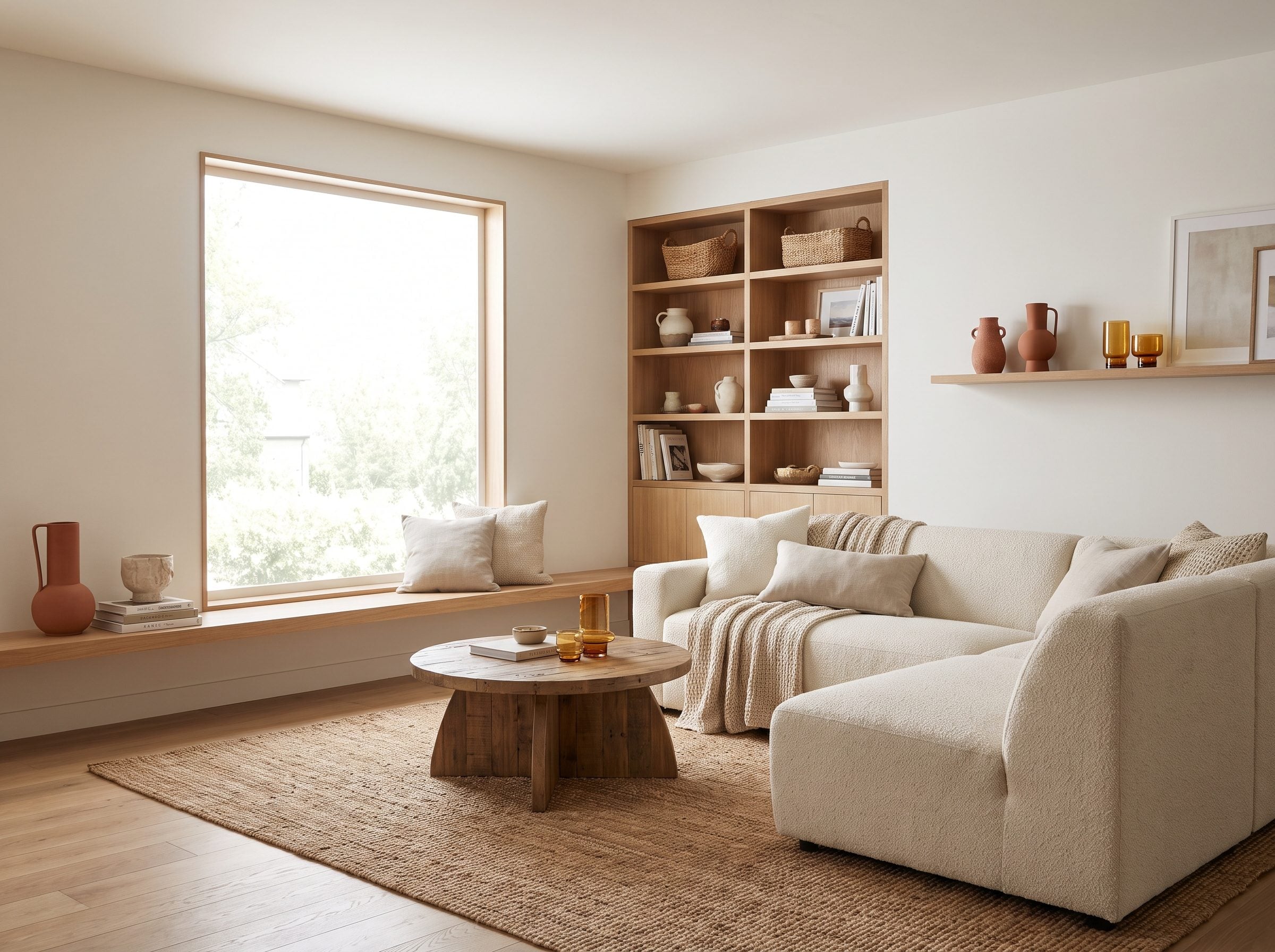 Living room with an 84-inch sofa centered under a window that sits off-center on the wall, with a framed print filling the