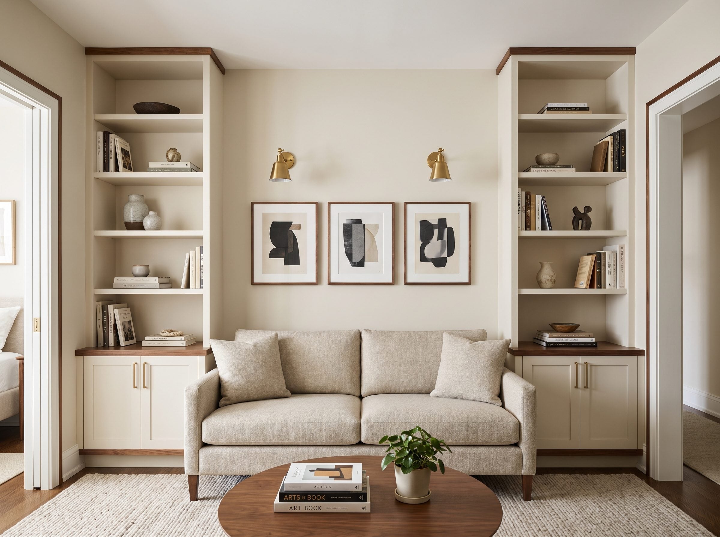 Compact living room with a 72-inch sofa against the wall centered between two floor-to-ceiling built-in bookcases about 12