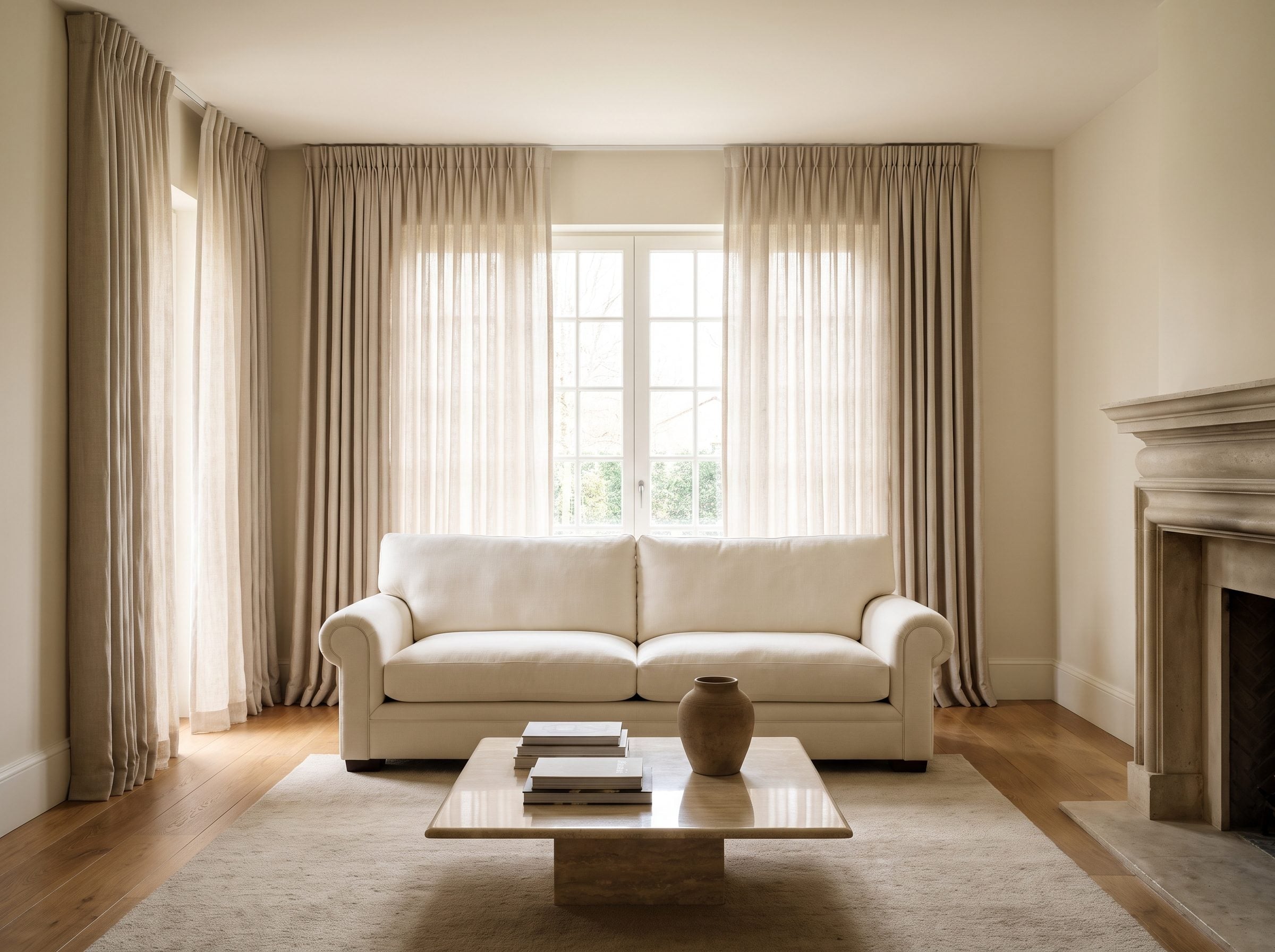 Living room with an 84-inch sofa centered under a window flanked by floor-length linen panels hung six inches below the