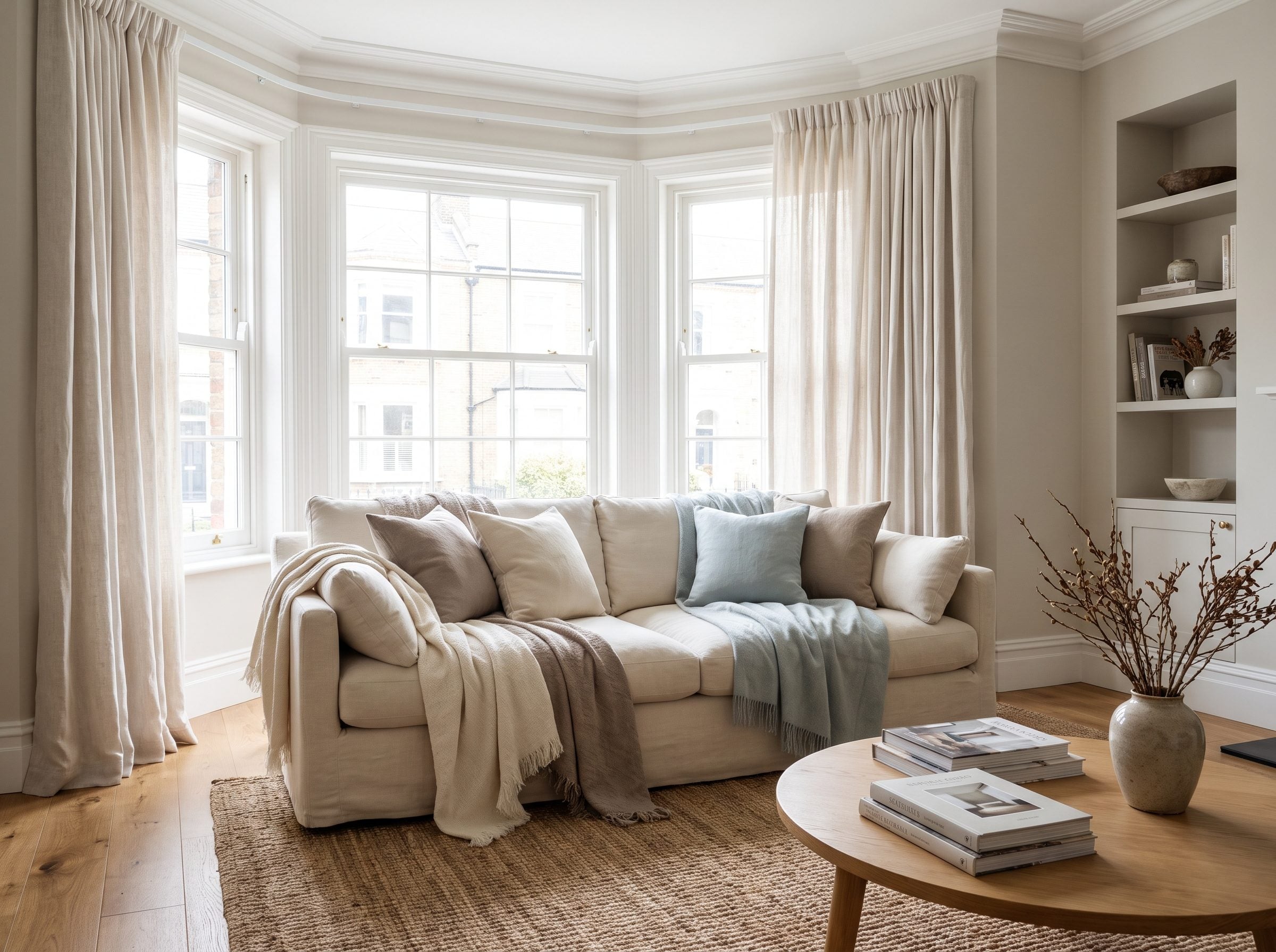 Living room with an 84-inch sofa set at the mouth of a three-panel bay window, leaving a shelf of sill behind it holding two
