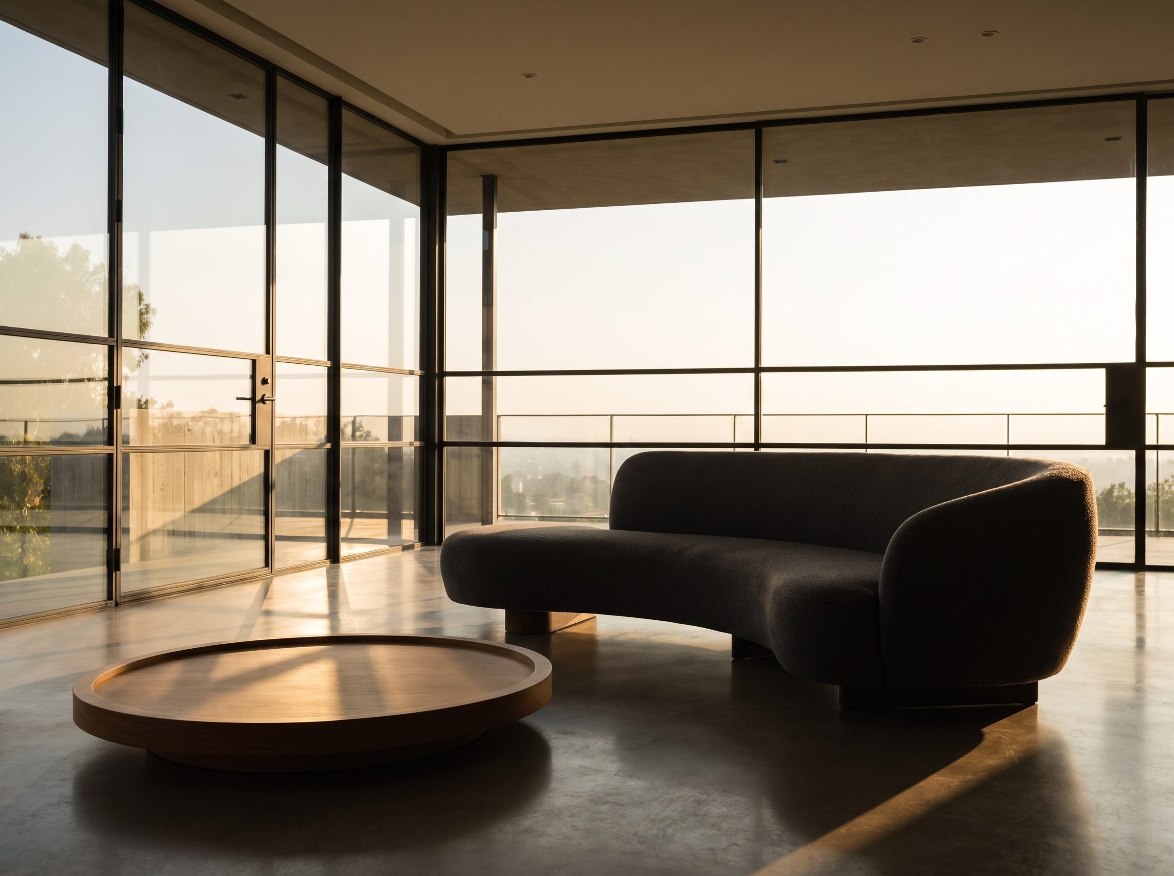 Living room with a 28-inch-tall low-back sofa floated about a foot in front of a floor-to-ceiling glass wall, with two