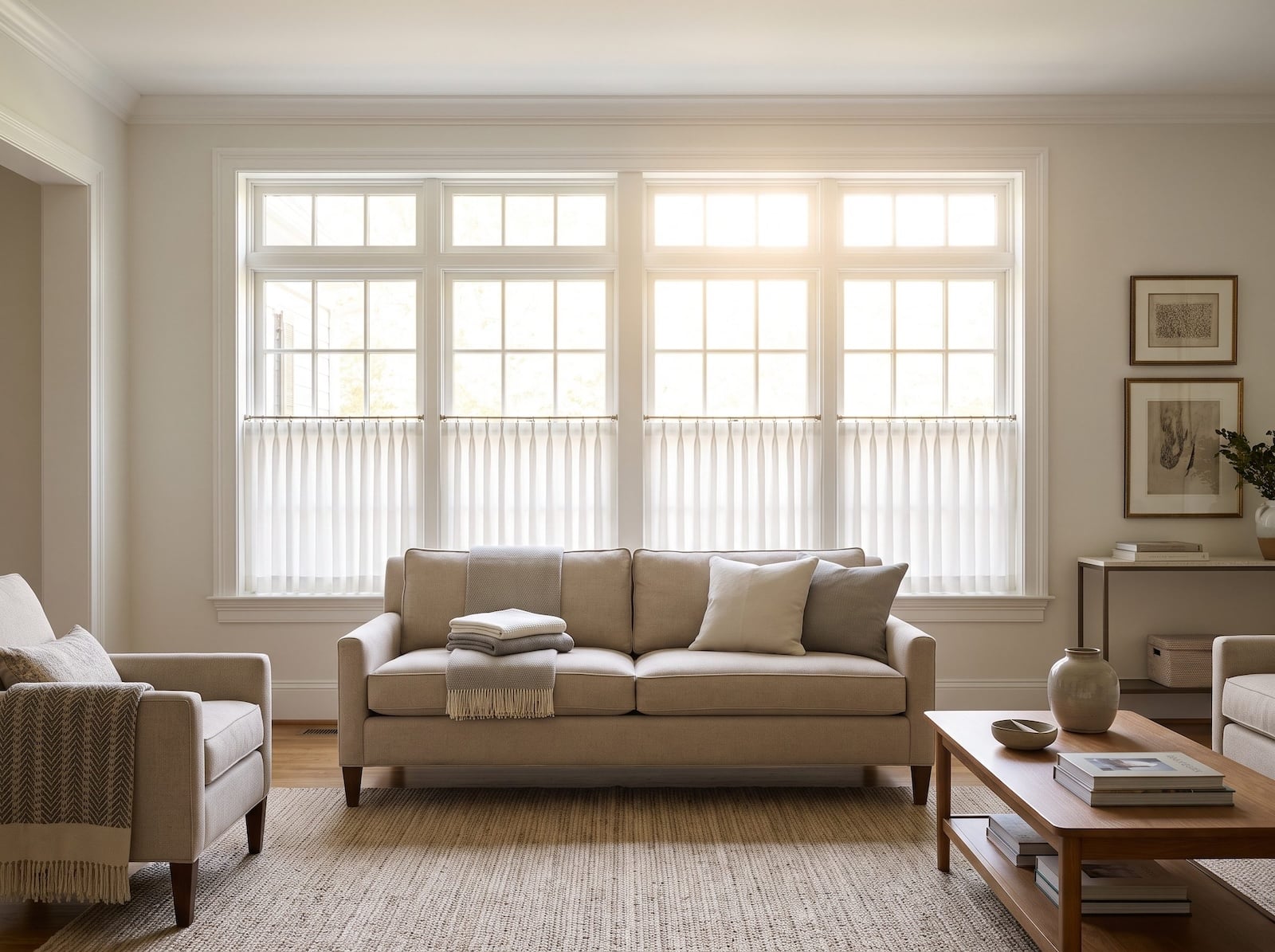 Neutral living room with a sofa centered in front of tall windows fitted with lower privacy curtains