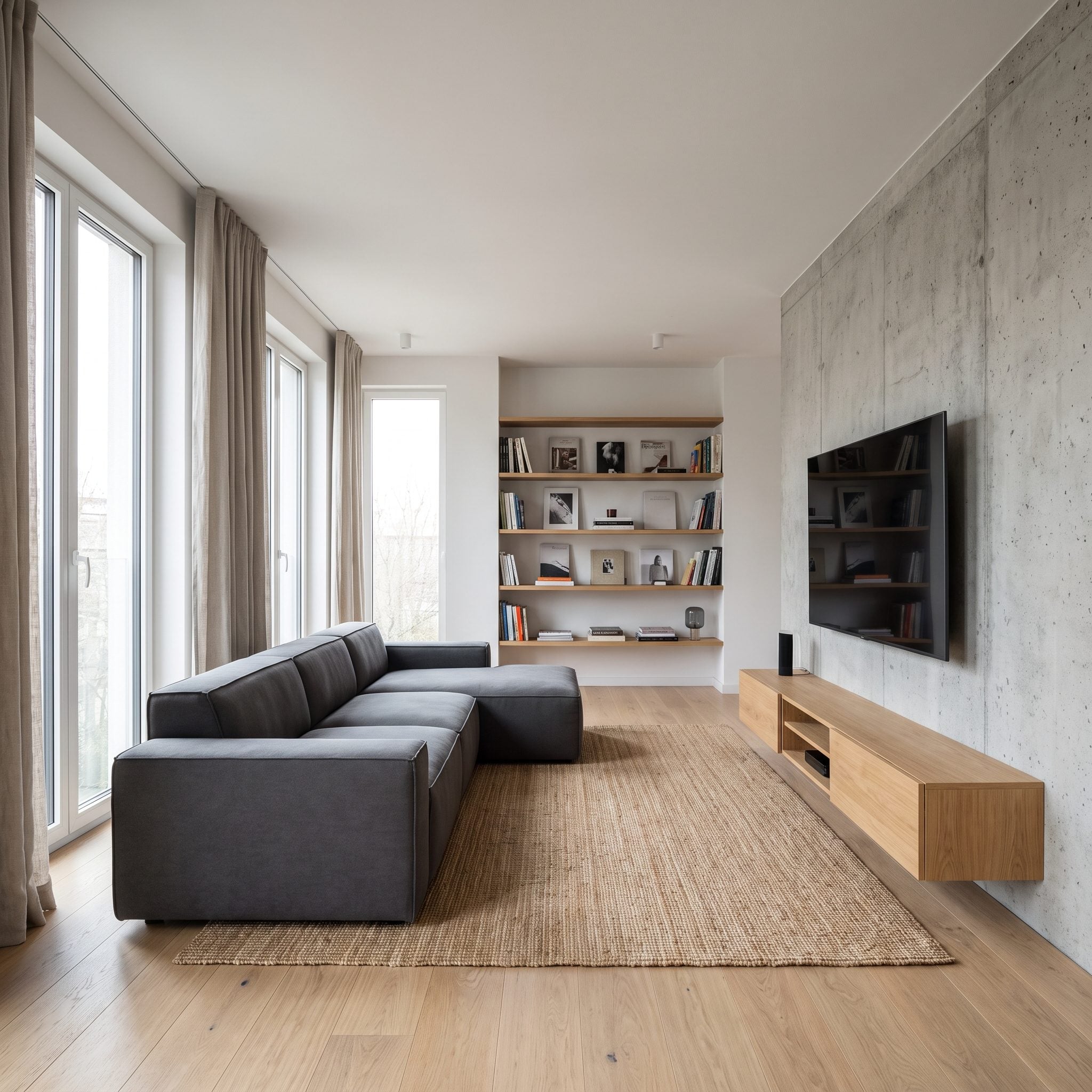 Living room with a charcoal sofa under the window and a 55-inch wall-mounted television on the solid wall opposite.