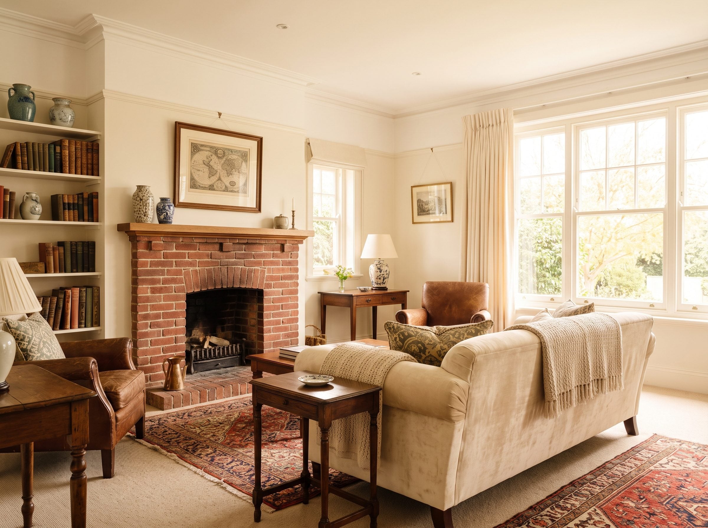 Living room with an 84-inch sofa floating under the window and facing a brick fireplace about 34 inches away across a coffee