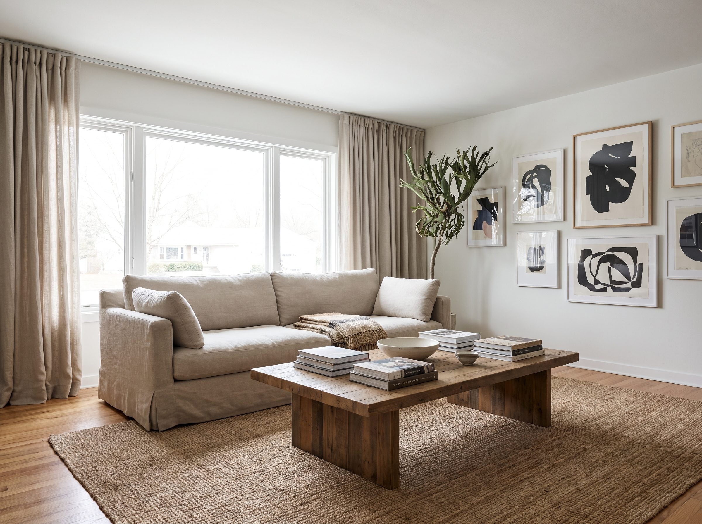 Living room with an 84-inch sofa against the window wall, a slim console table and two lamps behind it, under a