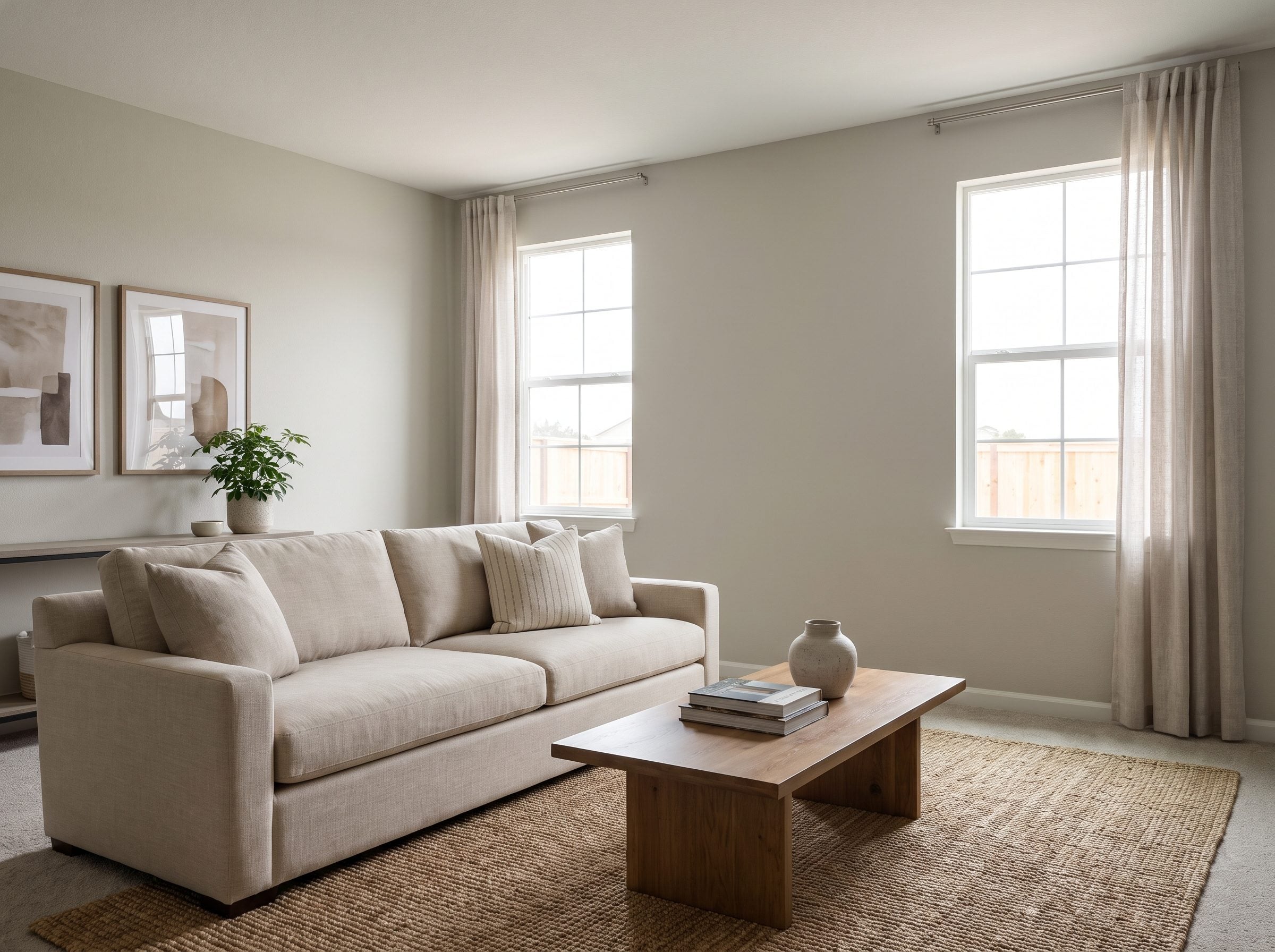 Living room sofa centered on the wall with its right arm overlapping the edge of an off-center window by about sixteen
