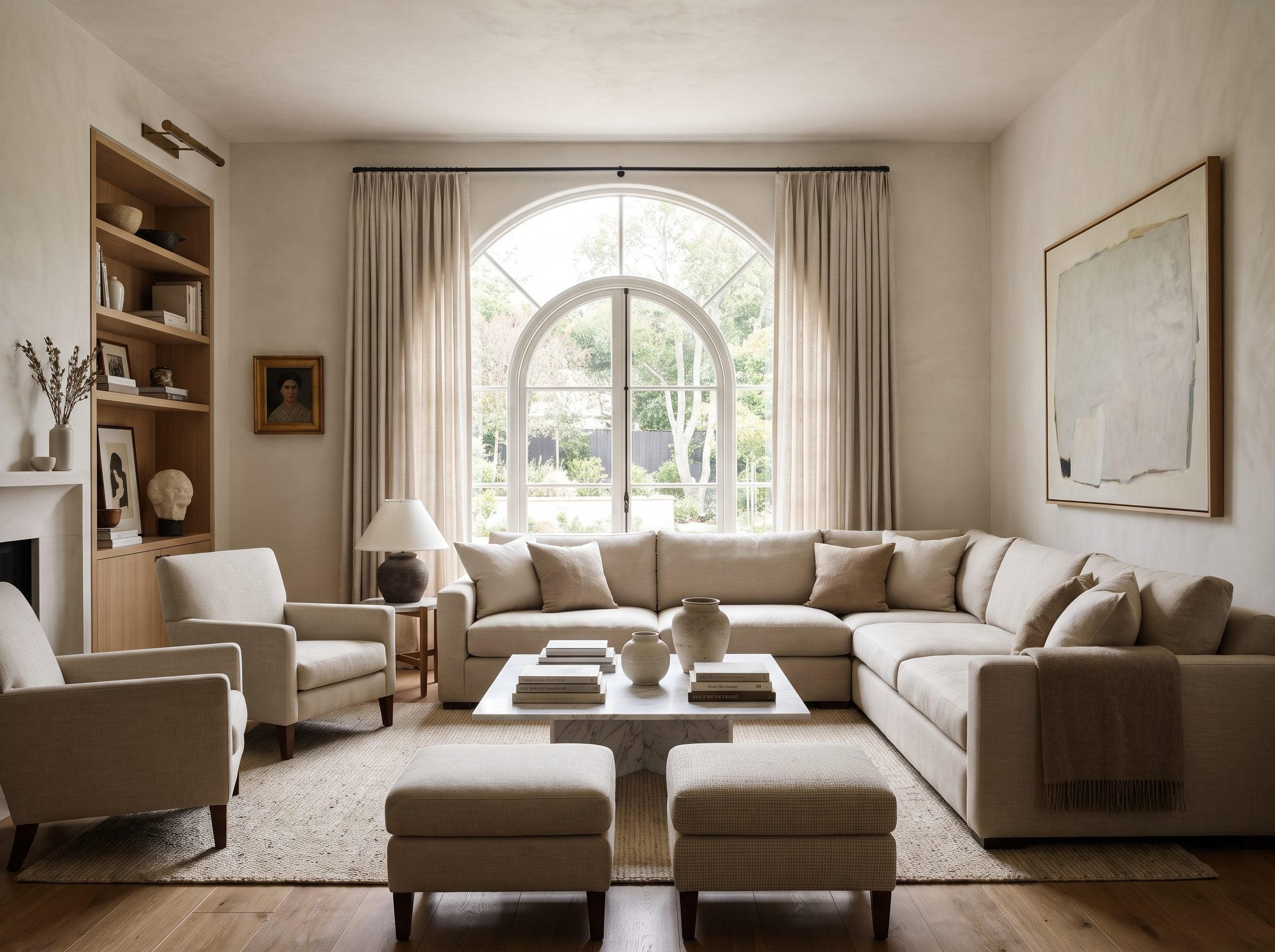 Living room with an 84-inch sofa against the wall under a window, its back sitting one inch below the sill so the glass
