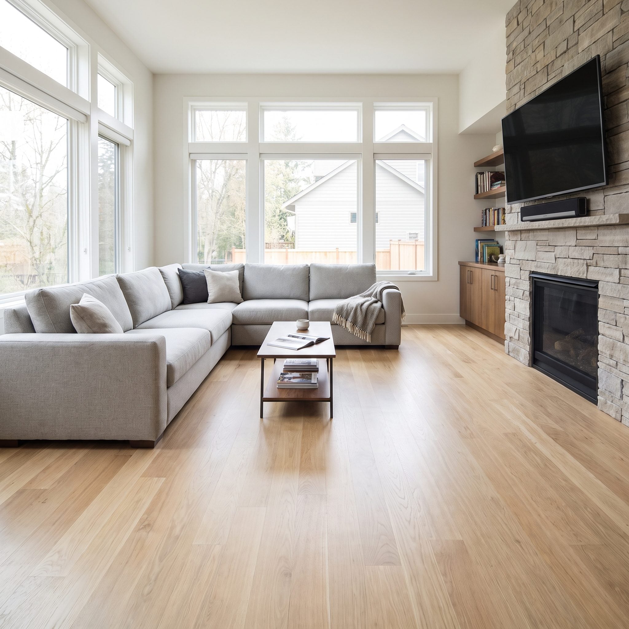 Contemporary living room with a high-mounted TV and a gray sofa pushed against the far wall leaving empty floor in the room