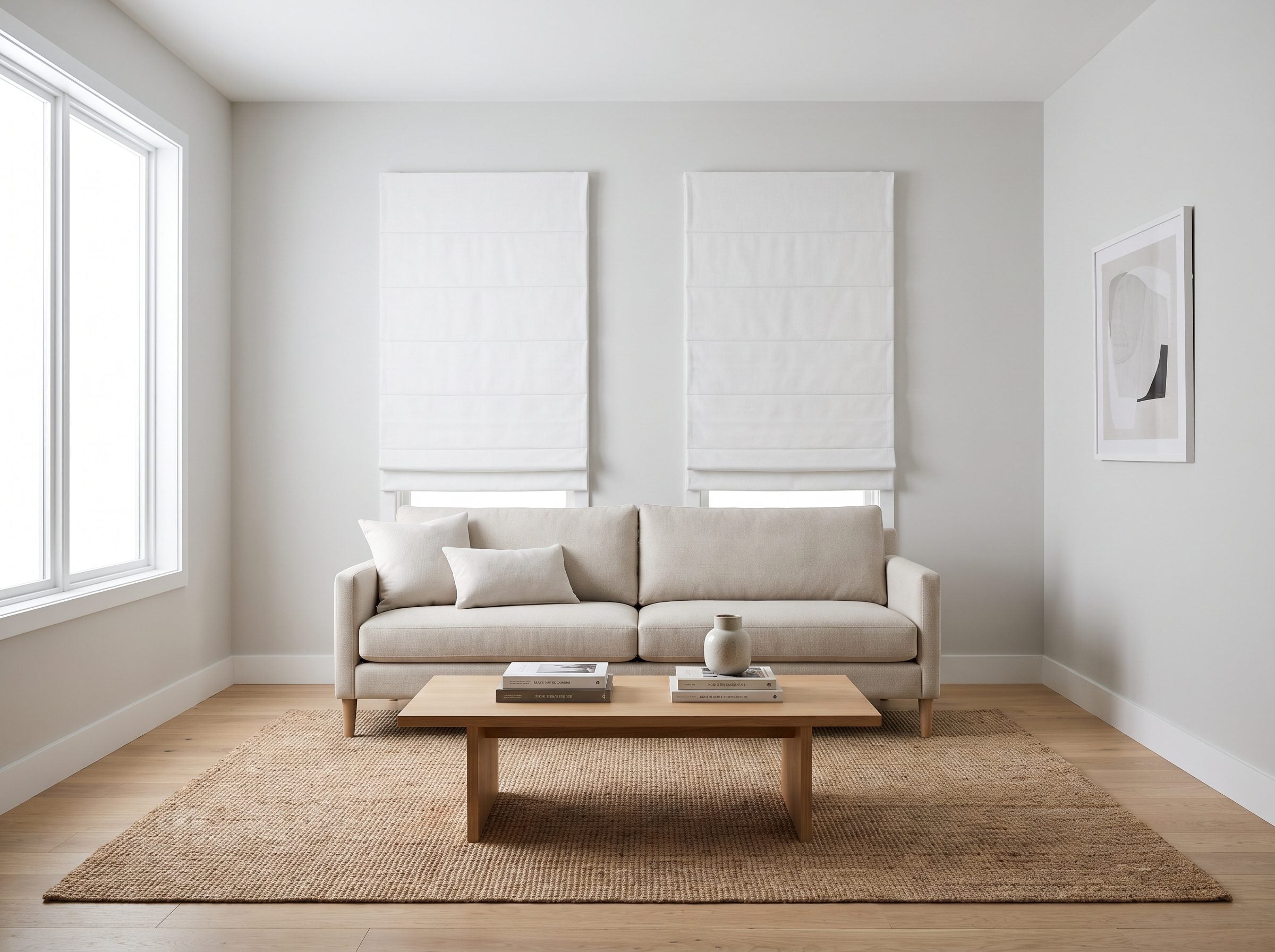 Living room with an 84-inch sofa under a window and a linen Roman shade mounted above the frame, its lowered edge clearing