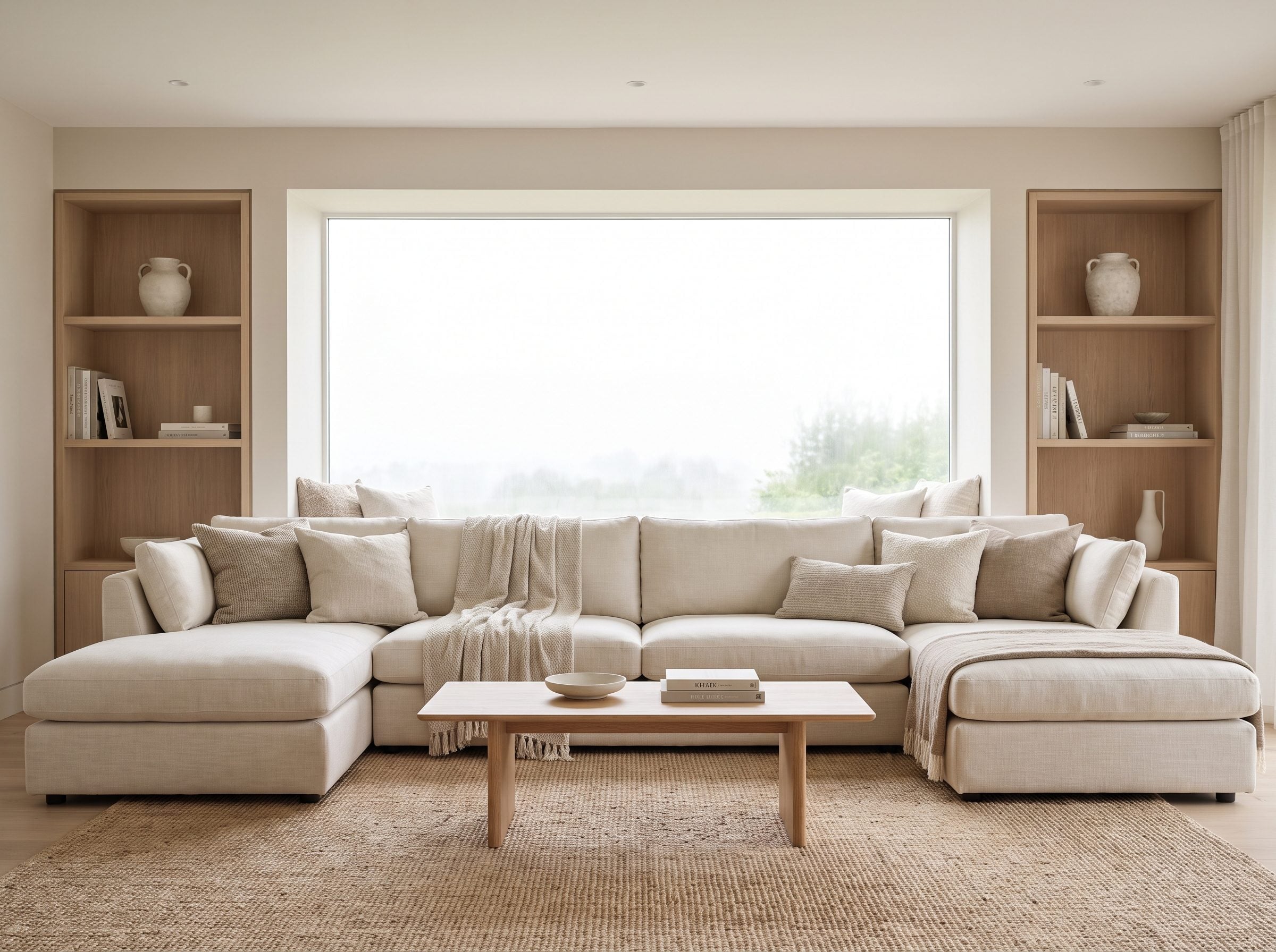 Living room with an 84-inch sofa against the wall under a wide picture window, its back stopping just below the sill so the