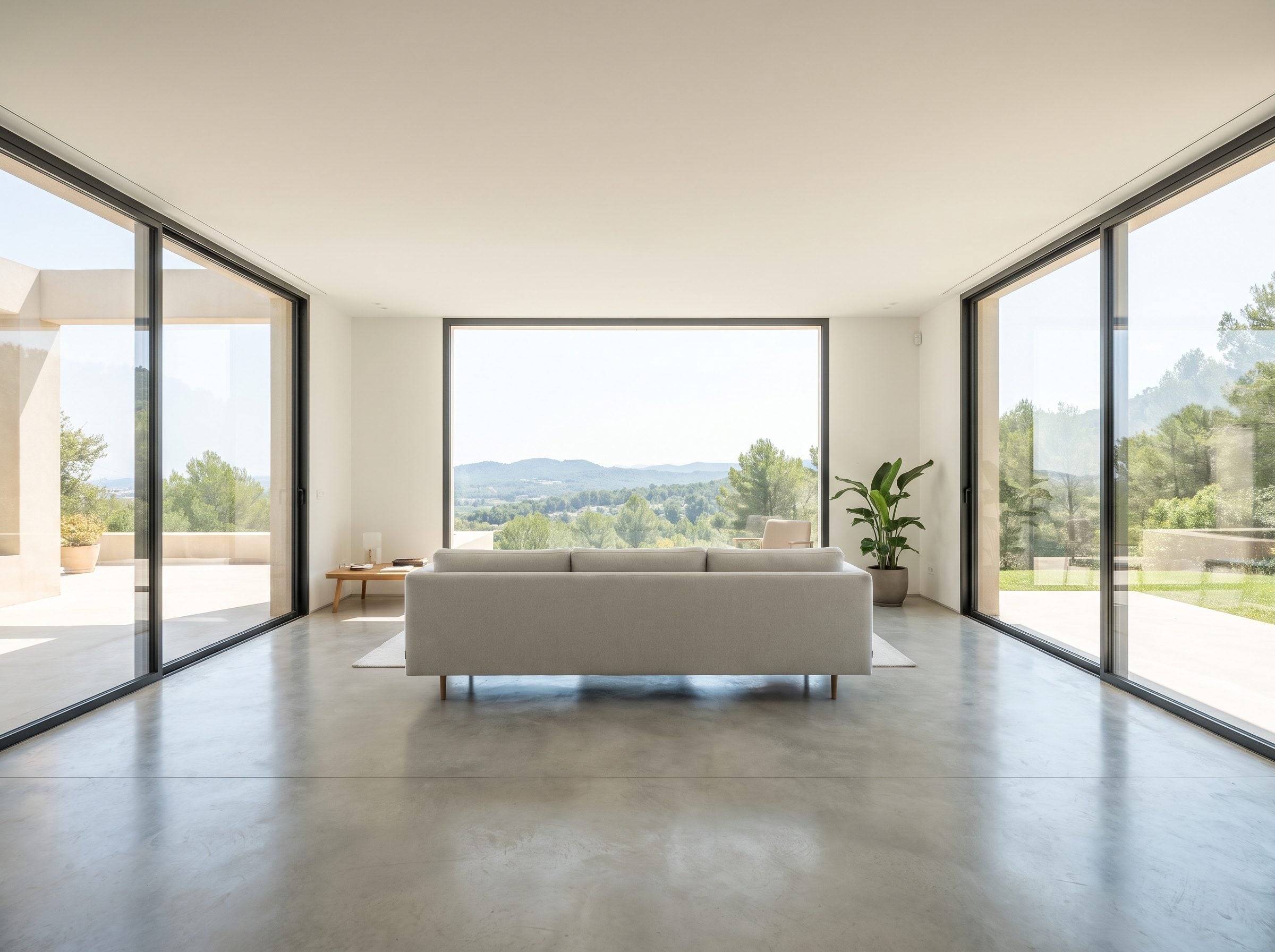 Corner sunroom with a gray linen sofa floating in front of a window with a console table behind it, facing a second window