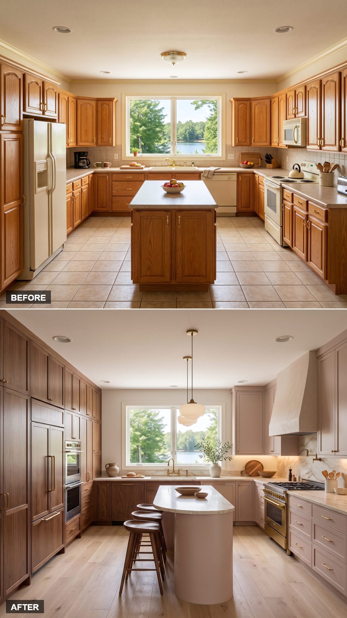 Sophisticated kitchen with dusty blush walls and tall walnut cabinetry